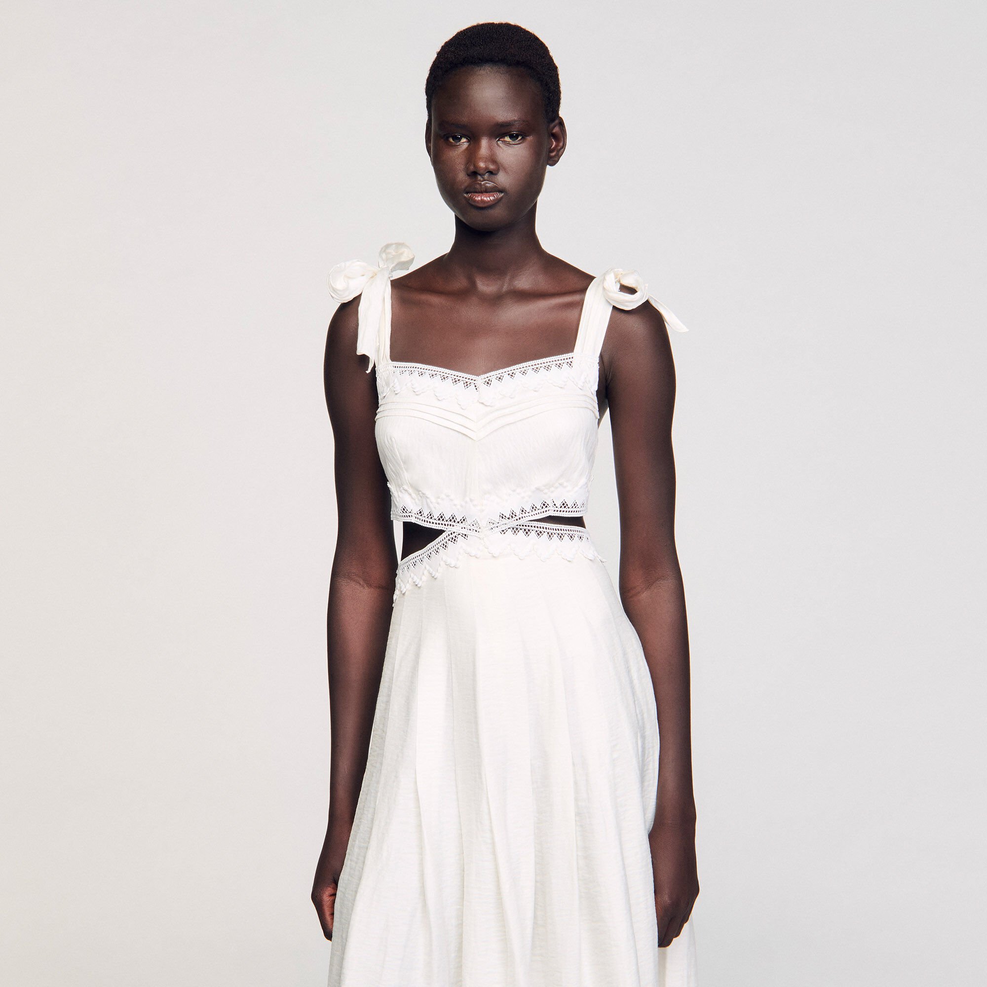 【限定セール！】 Lace trim maxi dress white / beige For Women | Sandro Paris ワンピース