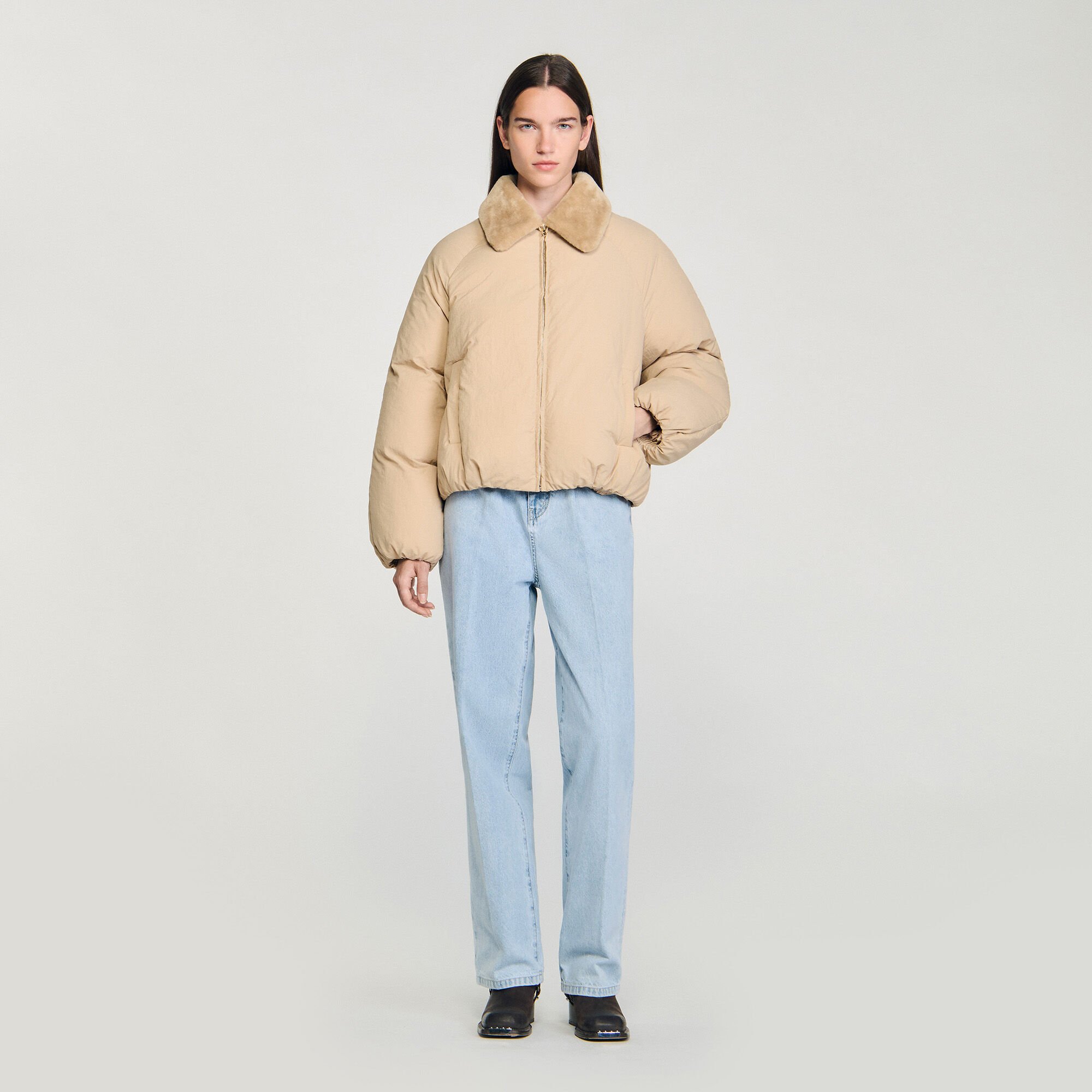 Puffer jacket with shearling collar