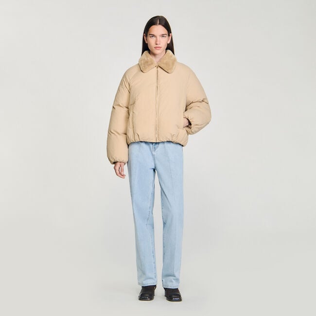 Puffer jacket with shearling collar