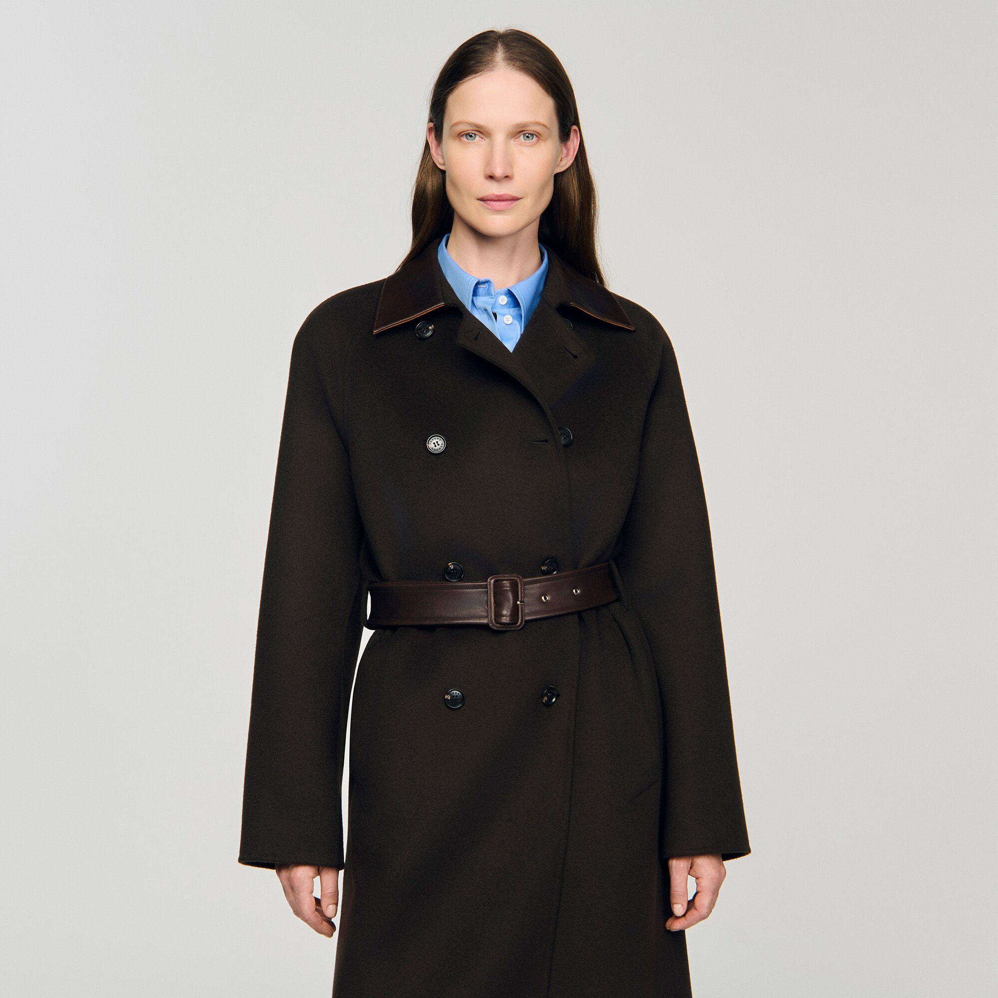 Long wool and leather coat