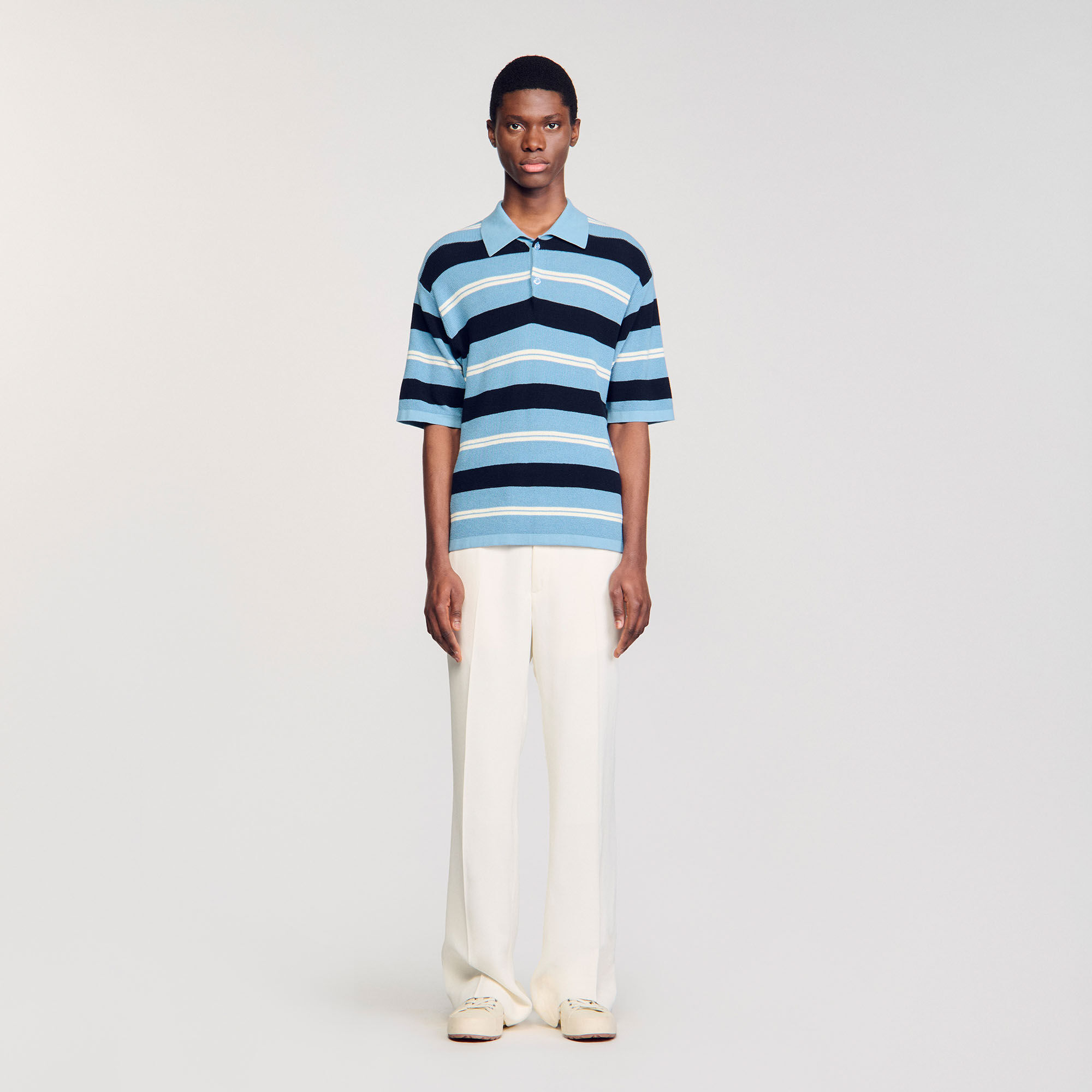 Striped knit polo shirt blue for Men | Sandro Paris