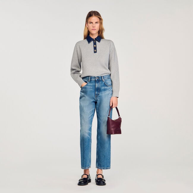 Sweater with denim collar