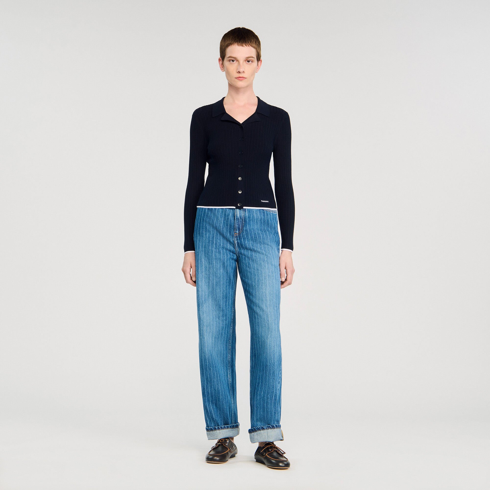 Cropped polo collar cardigan
