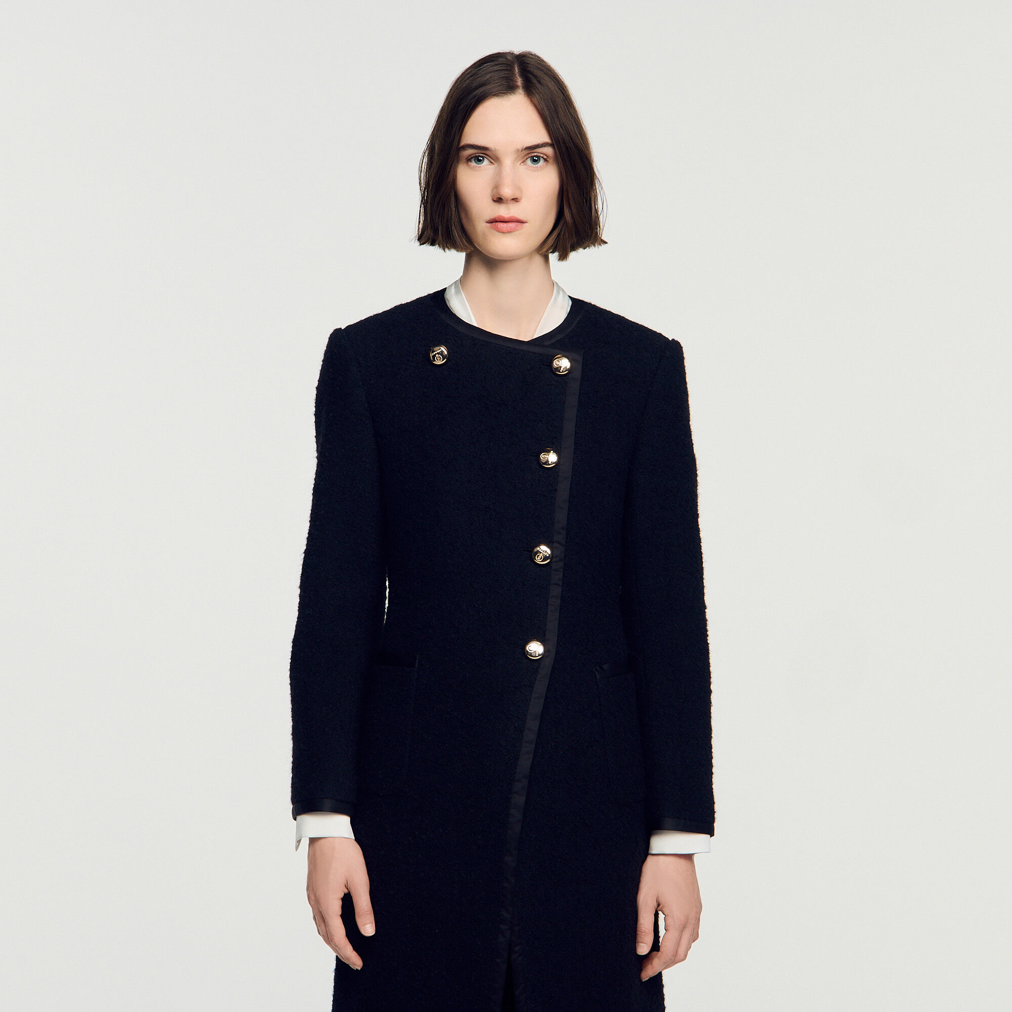 Tweed coat with jewel buttons in Black for Women | Sandro Paris