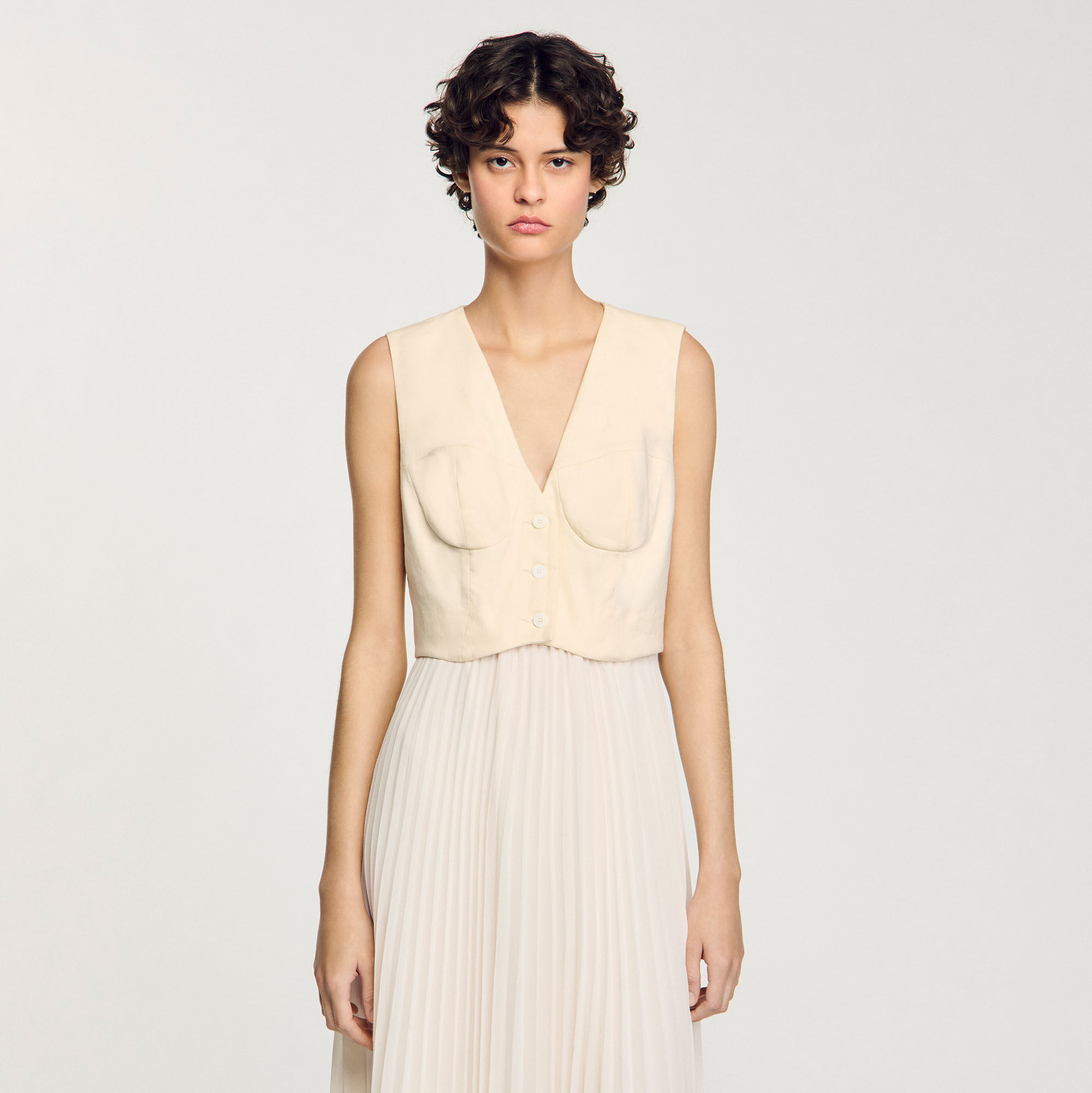 【SANDRO】Pleated Maxi Dress Pleated maxi dress white / beige For Women | Sandro Paris