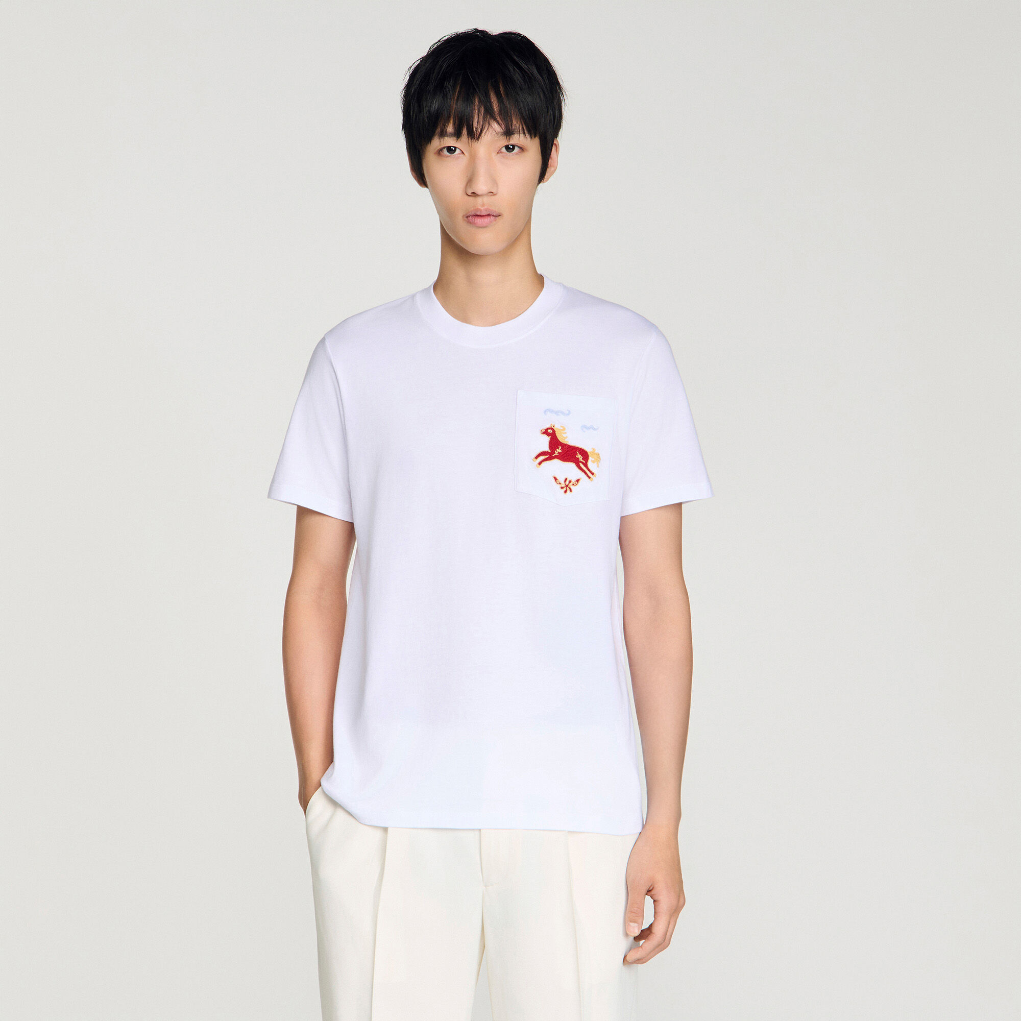 Embroidered horse cotton T-shirt in white for Men | Sandro Paris