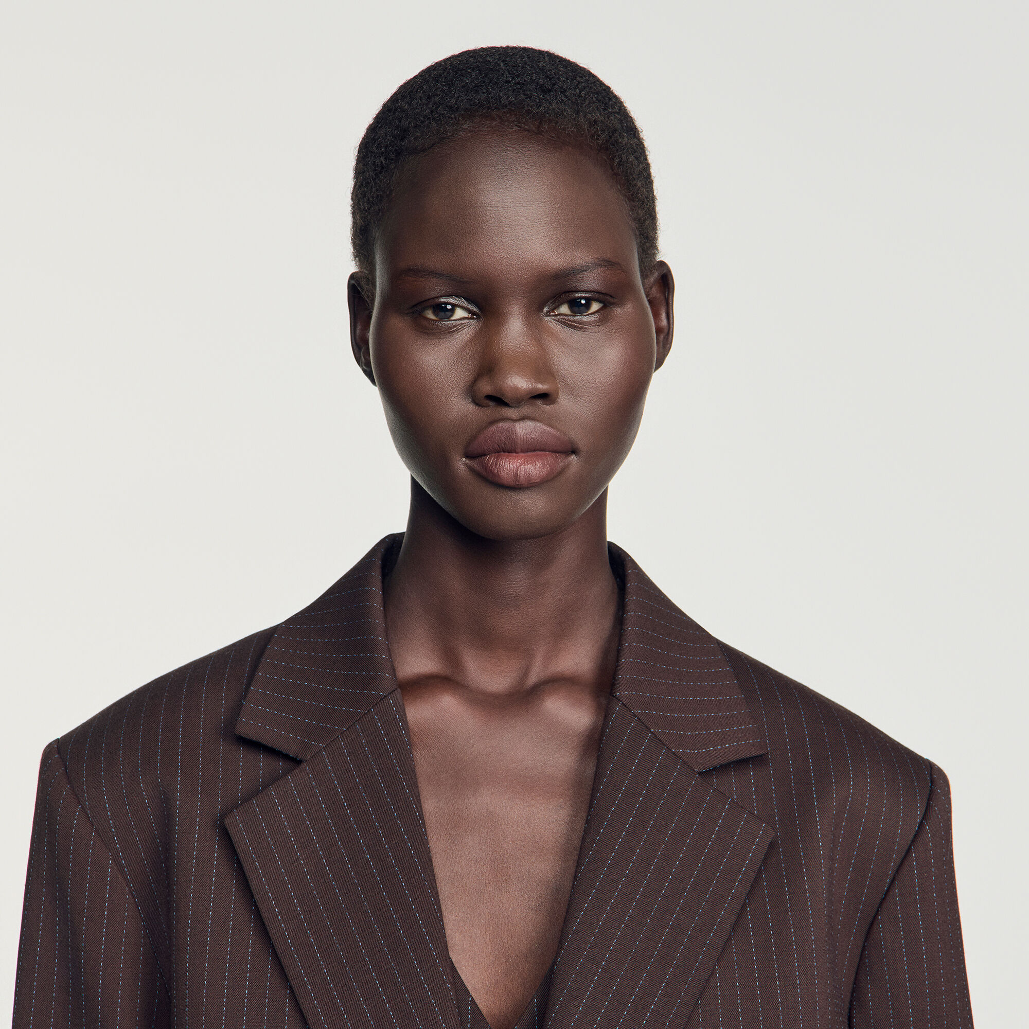 SANDROサンドロジャケット 34 セット Striped suit jacket in Marron / Bleu for Women | Sandro Paris