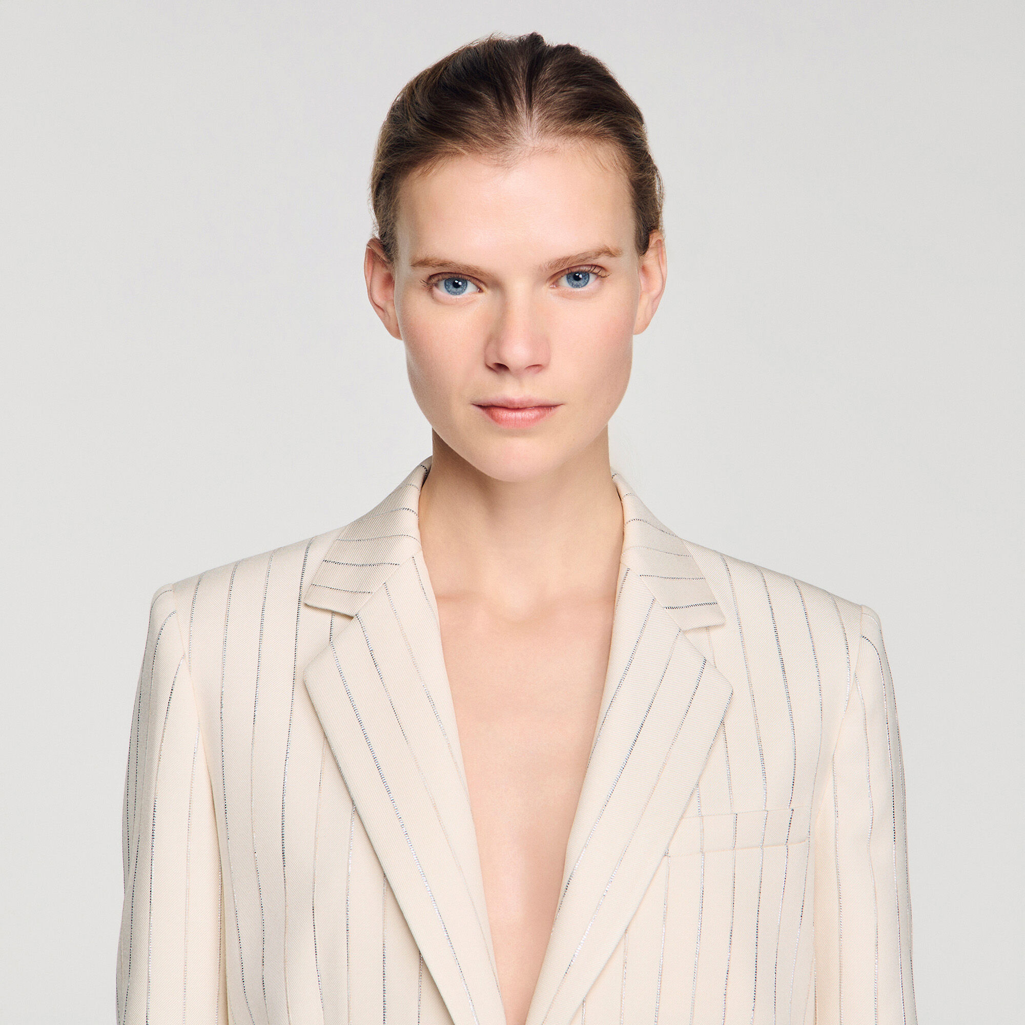 Striped tailored jacket in Ecru / Silver for Women | Sandro Paris