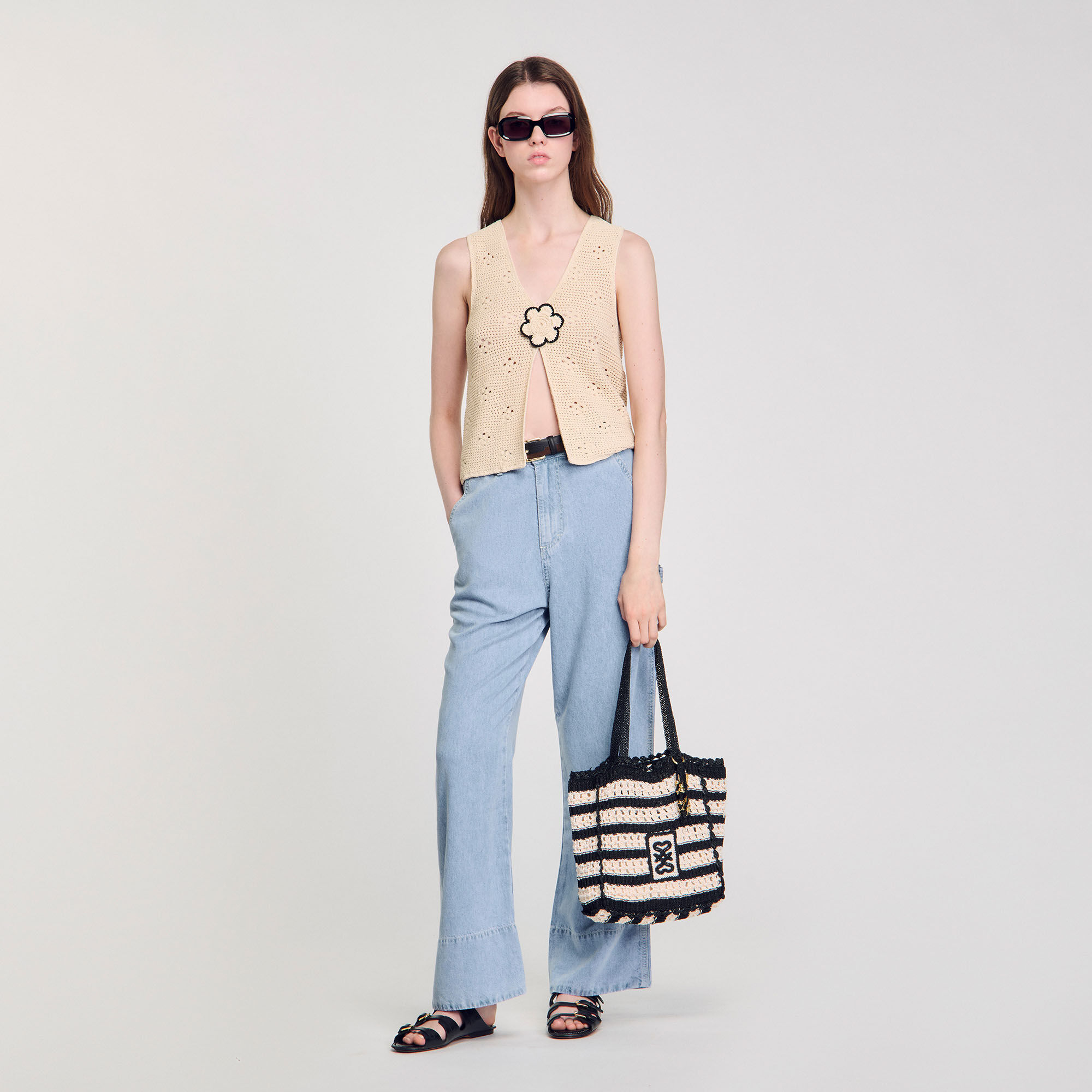Two-tone crochet bag white / beige For Women | Sandro Paris