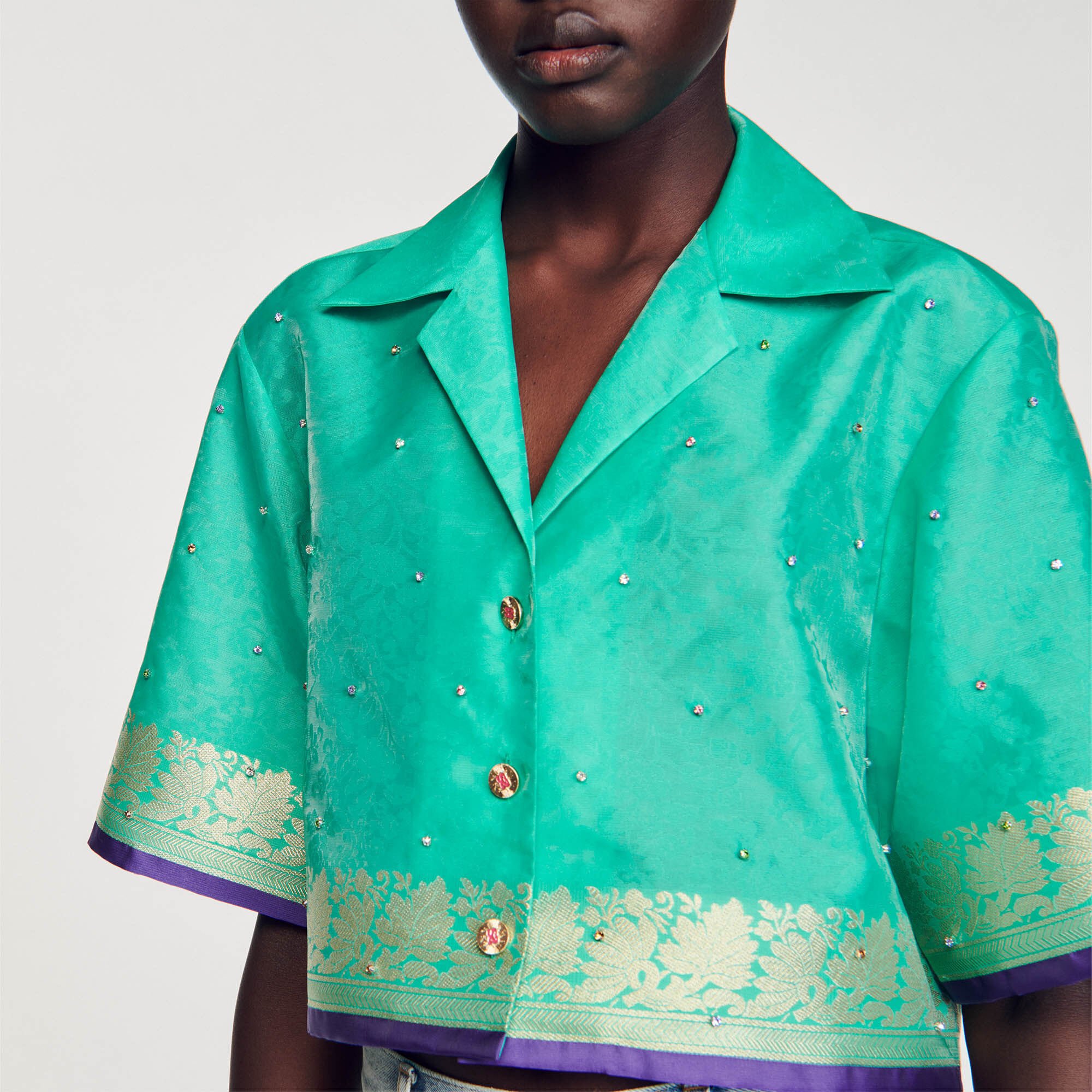Rhinestone jacquard cropped shirt