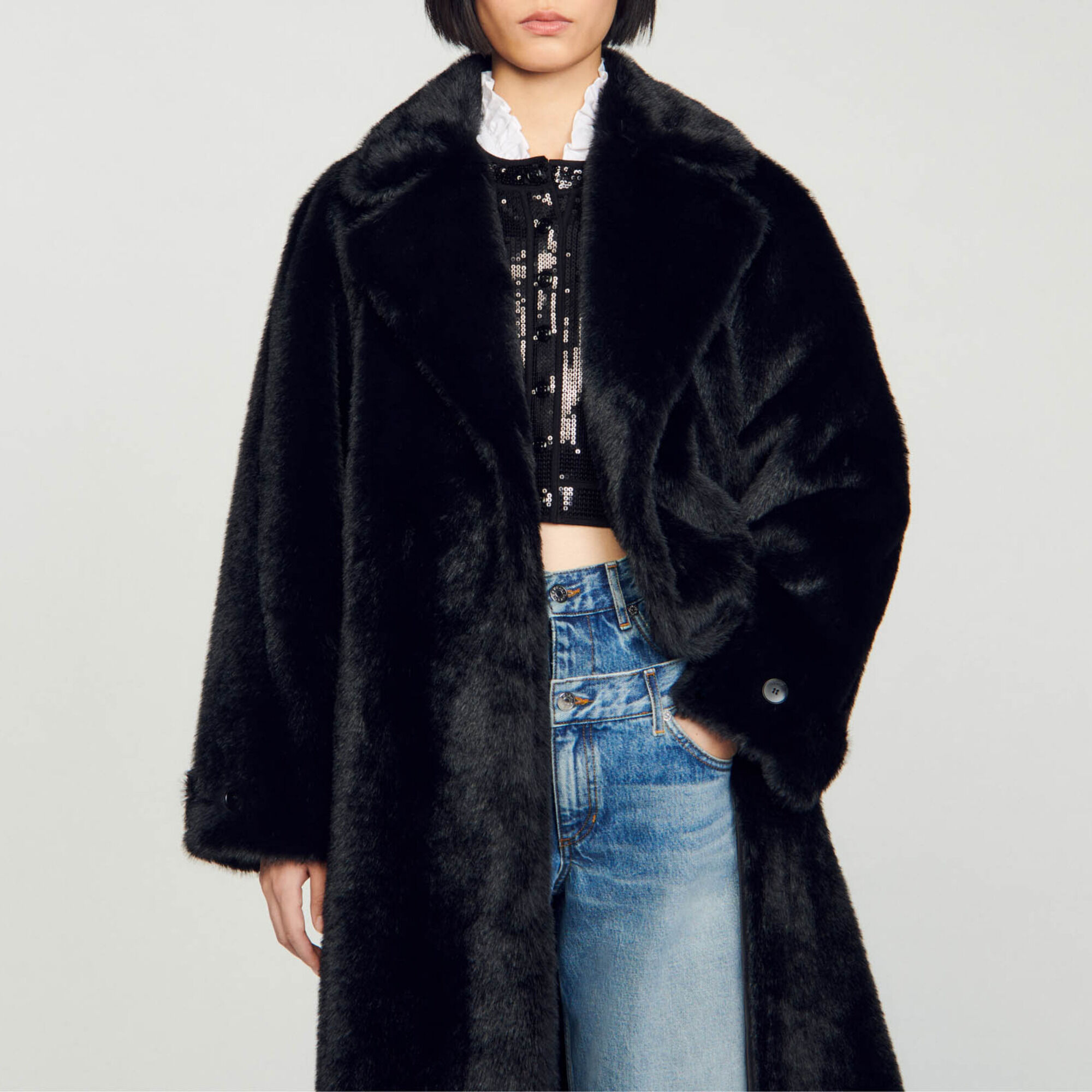 Long faux fur coat black / gray For Women | Sandro Paris