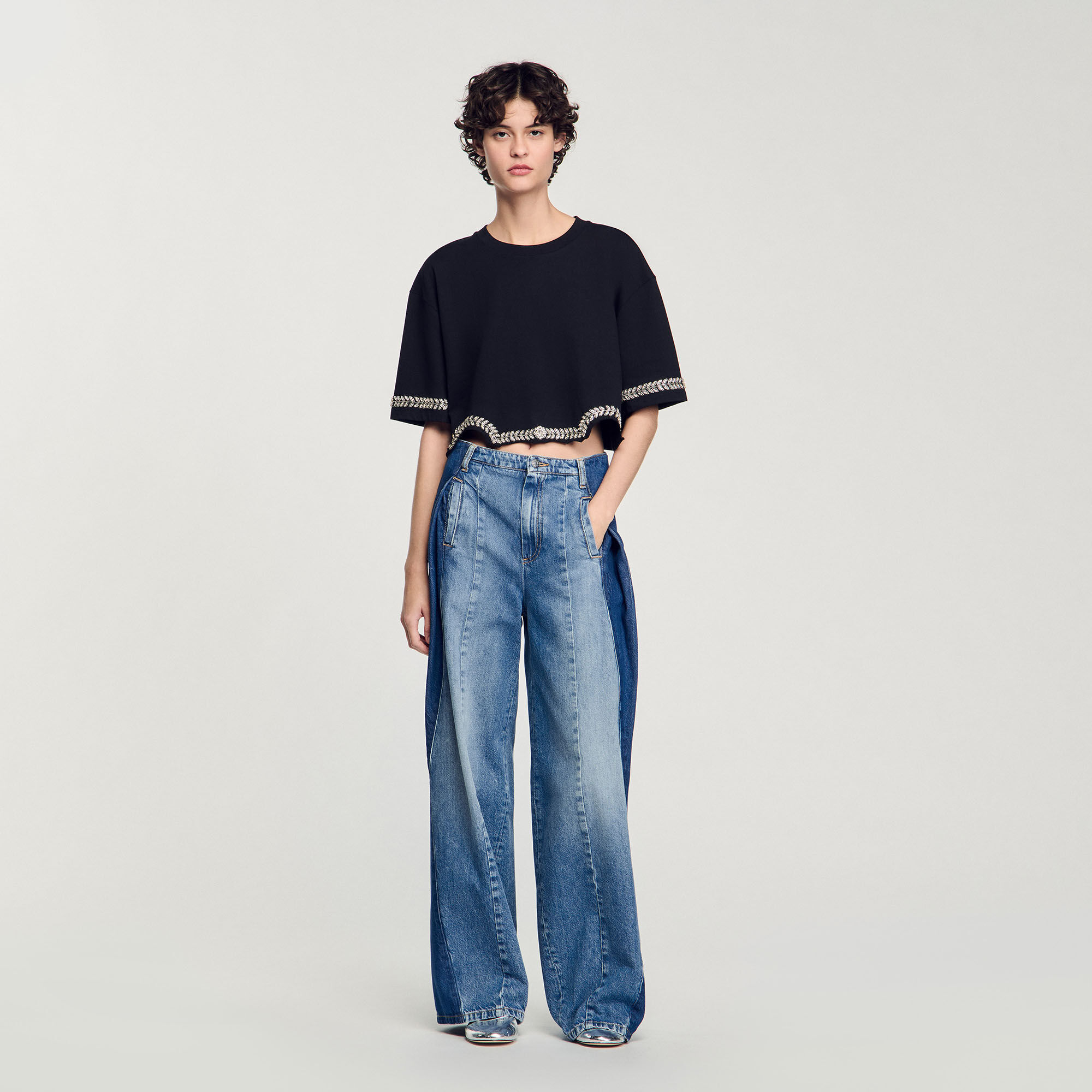 Rhinestone cropped T-shirt black / gray For Women | Sandro Paris