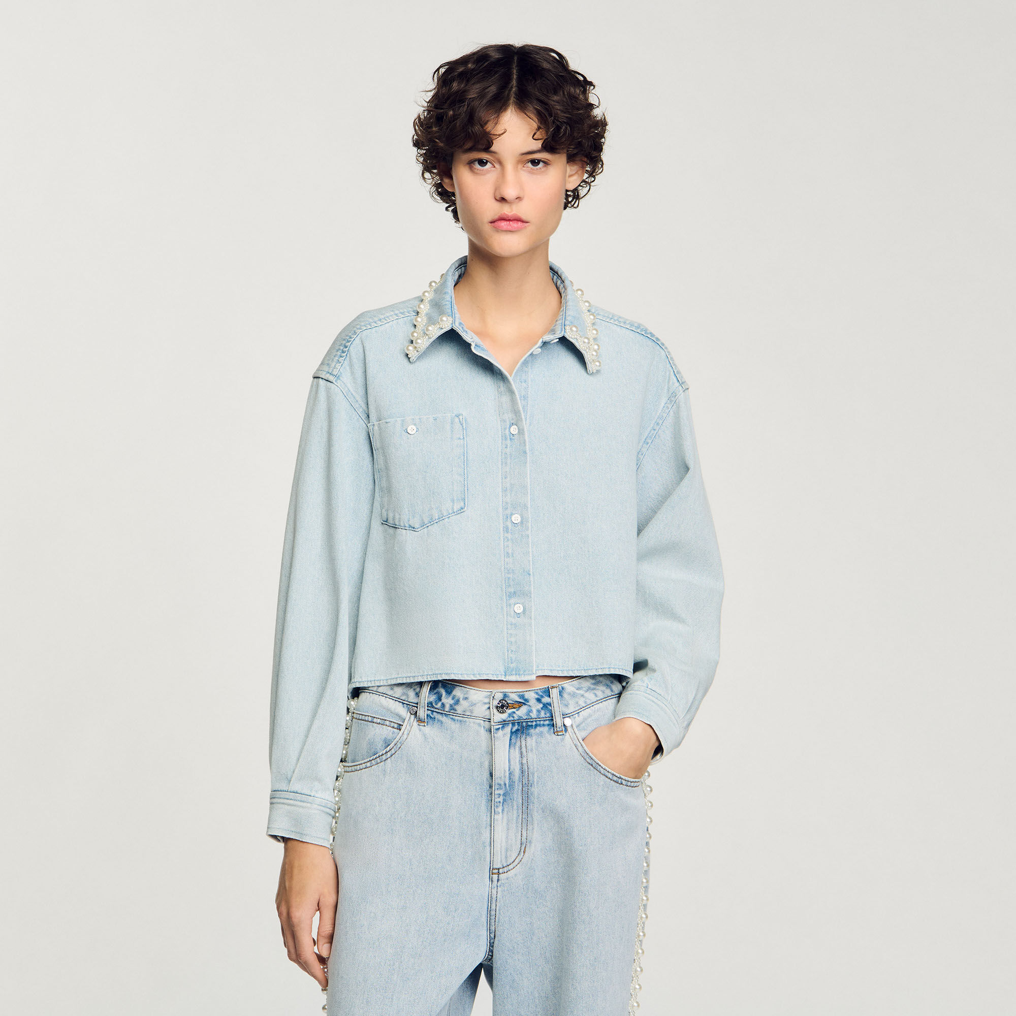 Denim shirt with beaded collar For Women | Sandro Paris