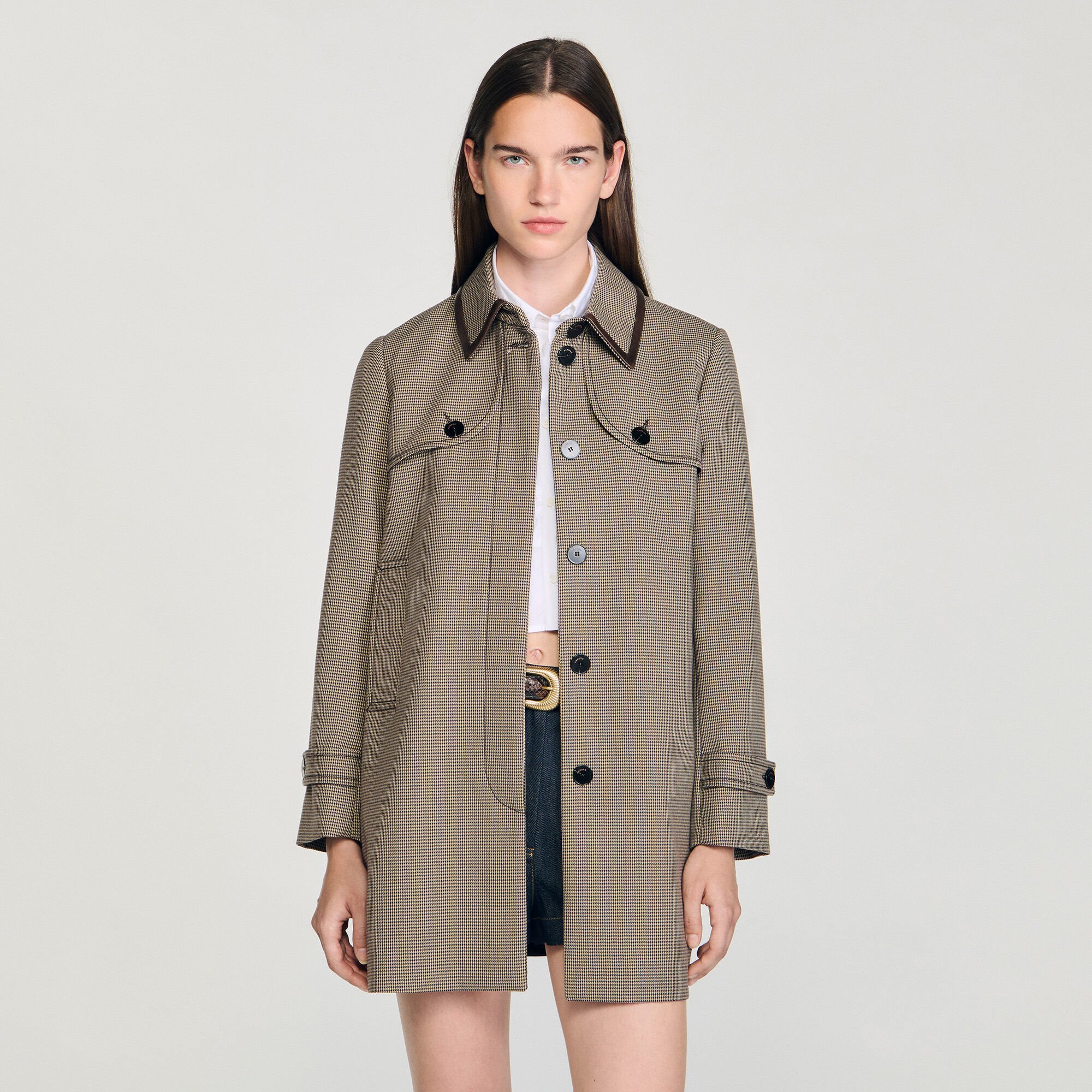 Houndstooth trench, leather collar Houndstooth trench, leather collar