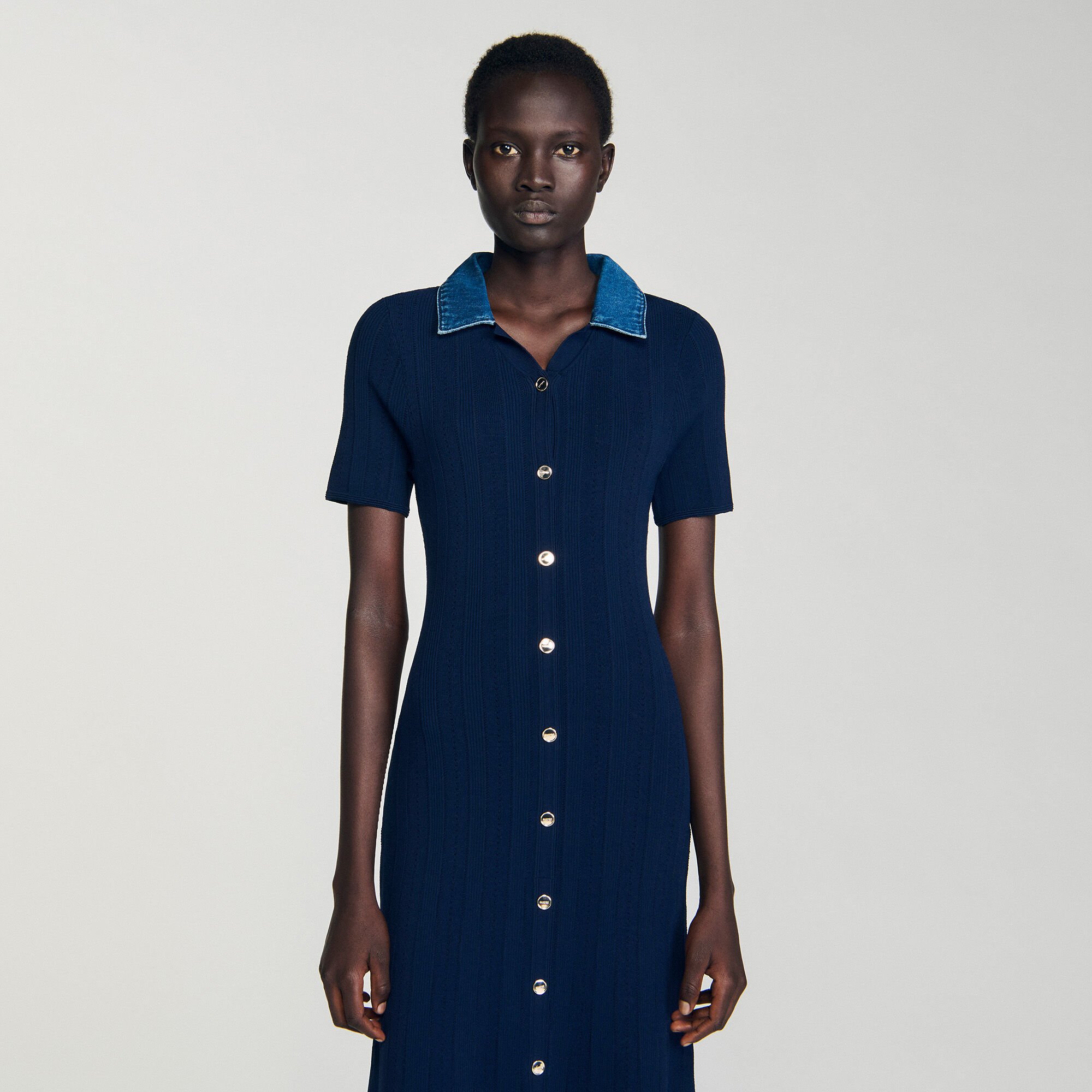 Denim collar knit maxi dress