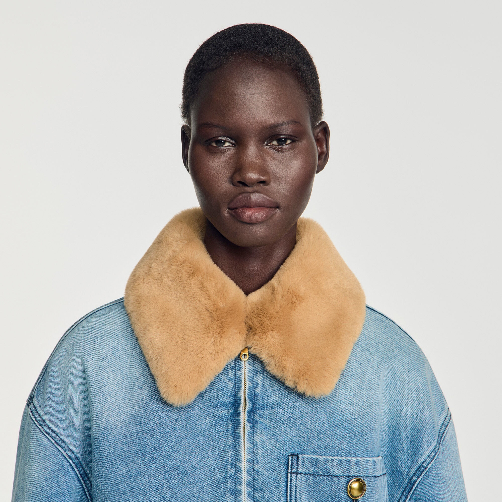 Denim coat with faux fur collar