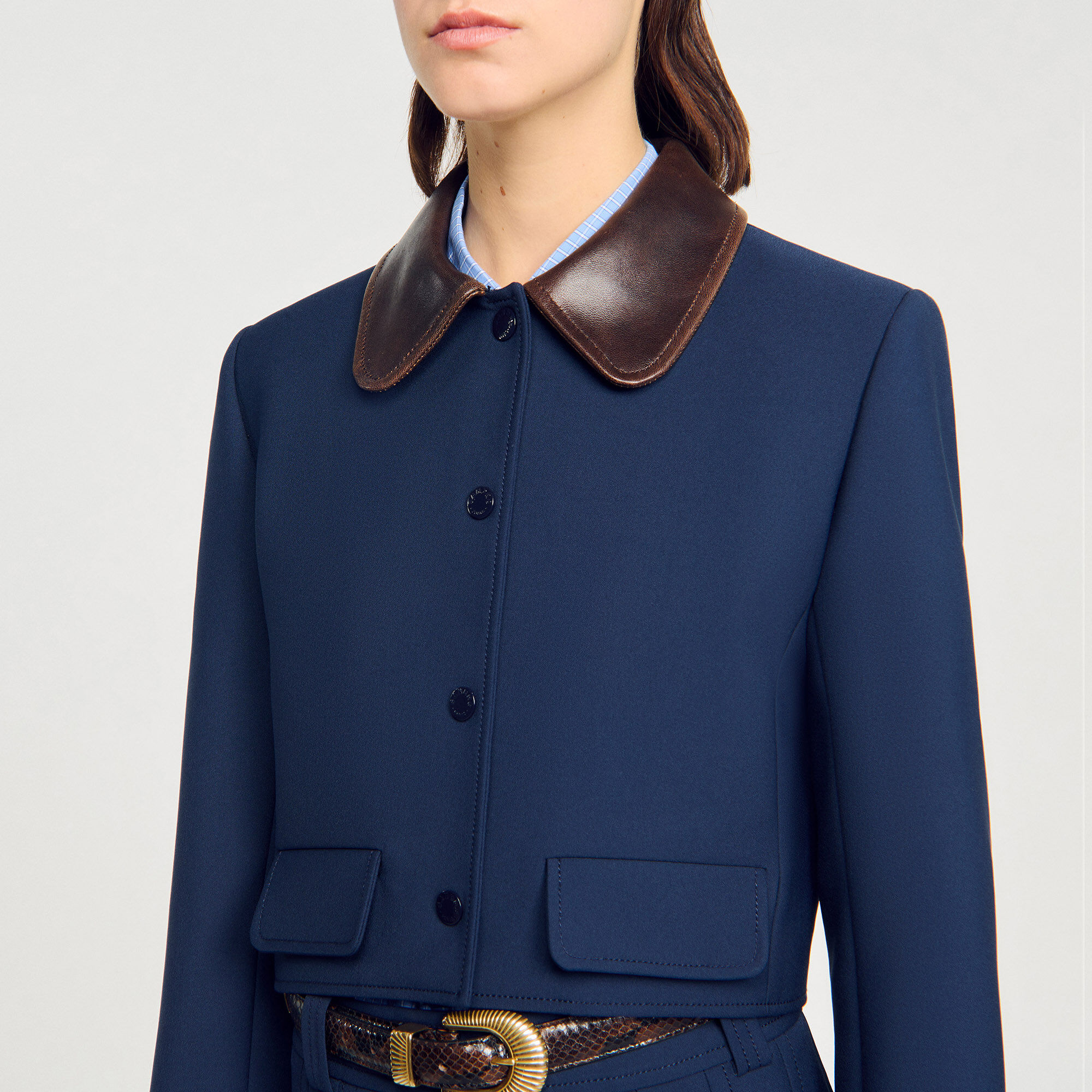 Cropped jacket with leather collar blue For Women | Sandro Paris