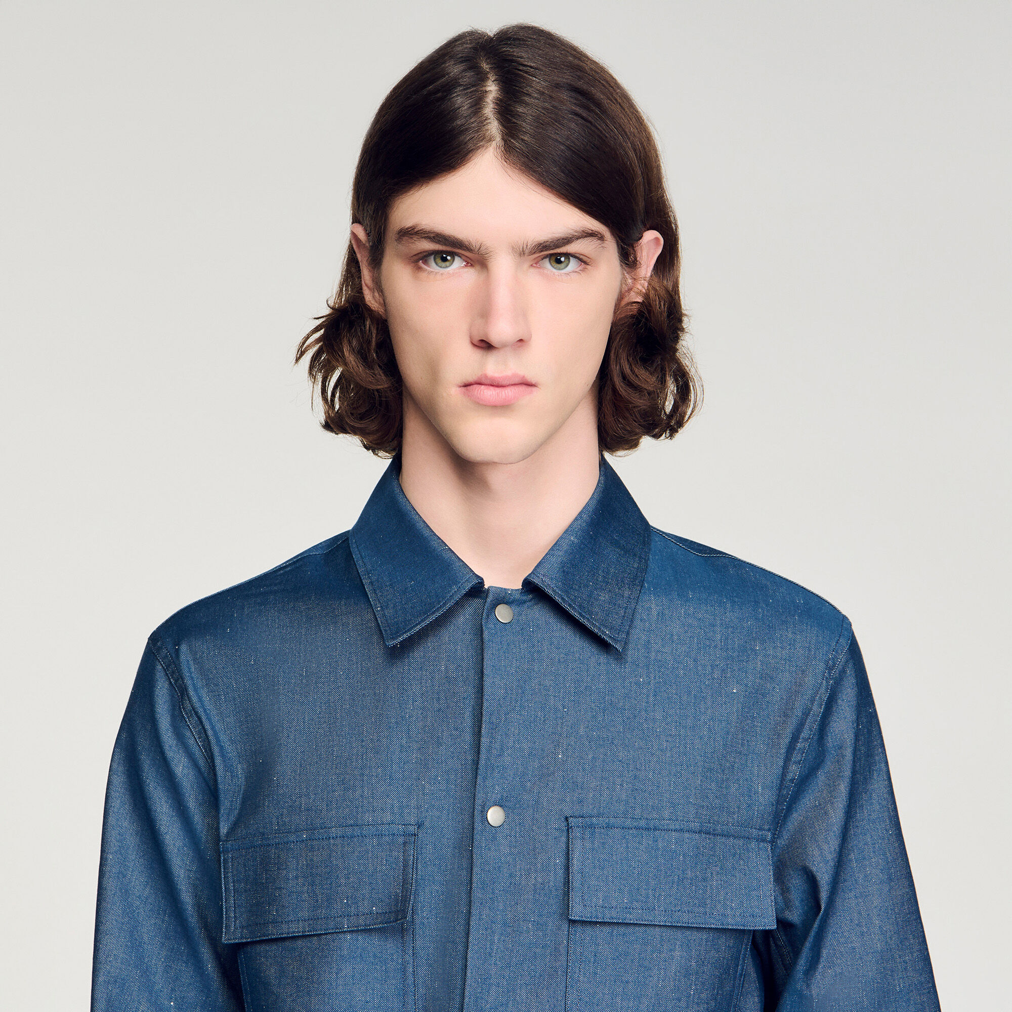 Denim-effect cotton and linen shirt