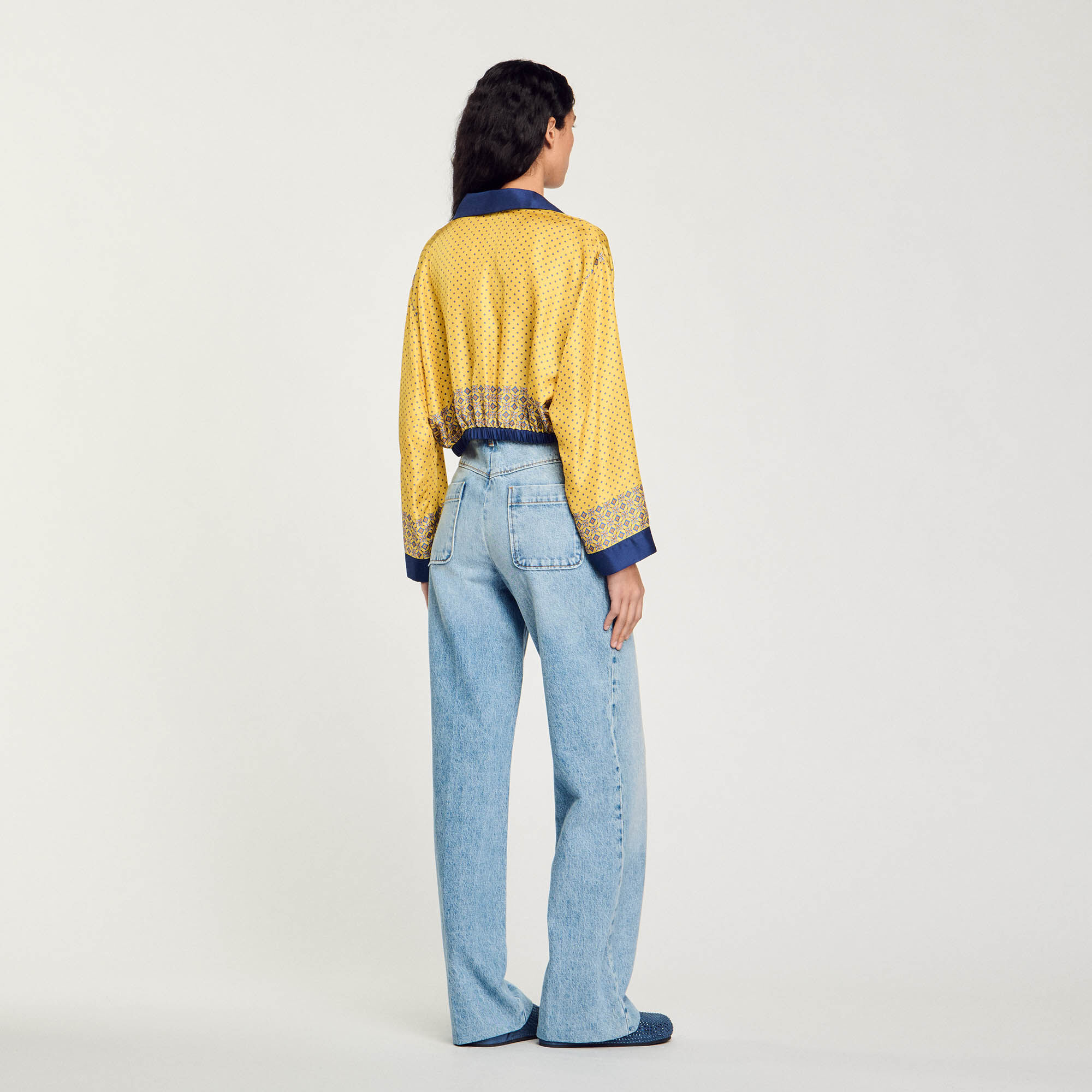 Short patterned flowing silk shirt