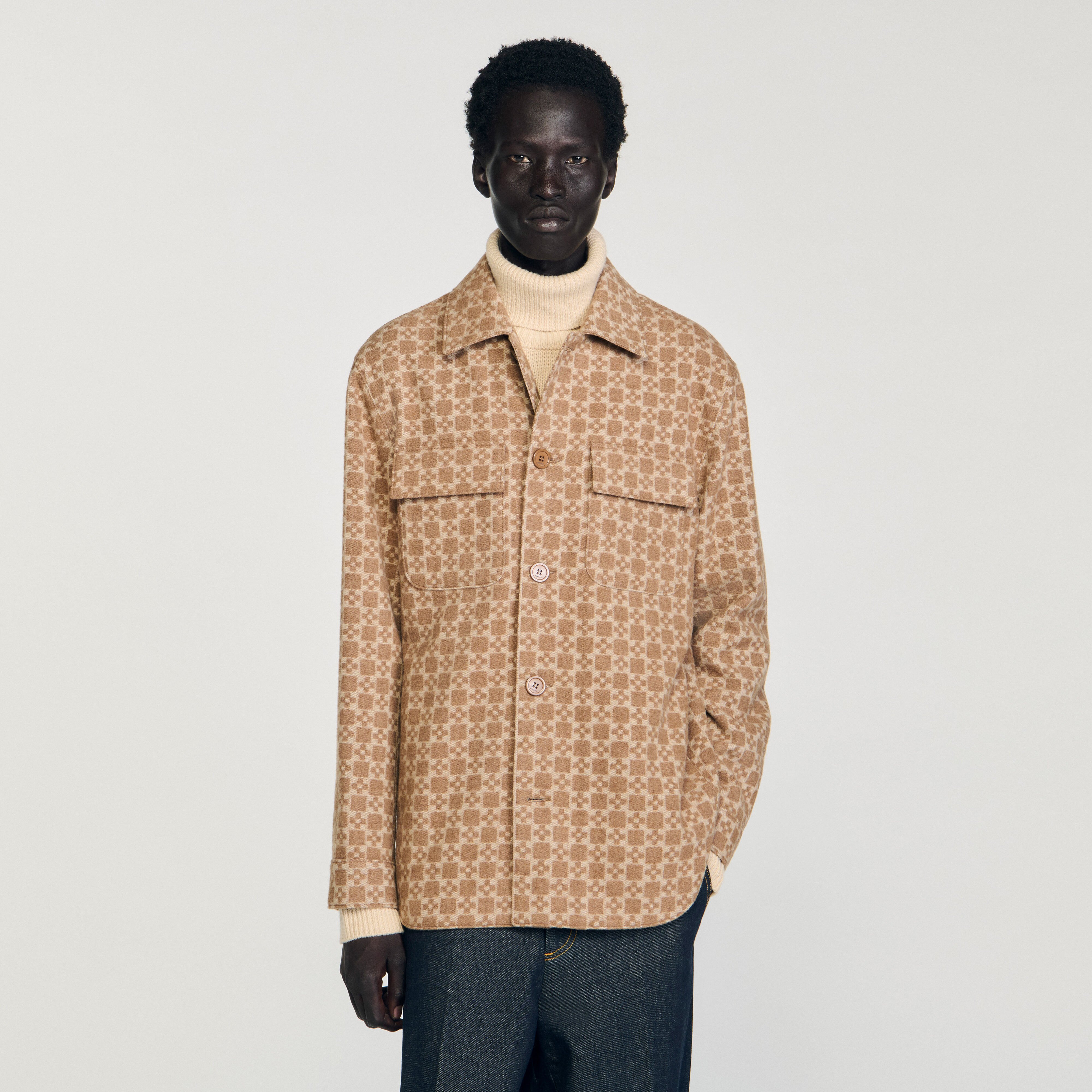 Square Cross jacquard overshirt brown for Men | Sandro Paris