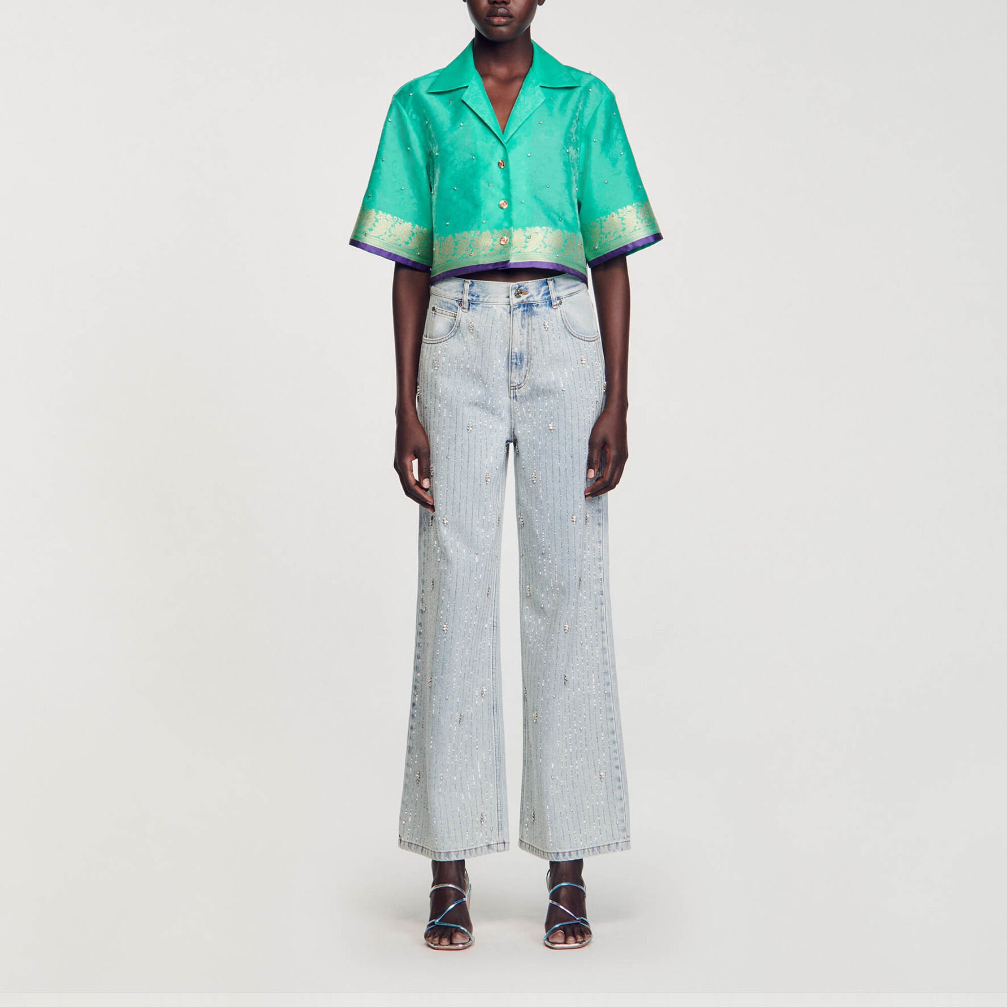 Rhinestone jacquard cropped shirt