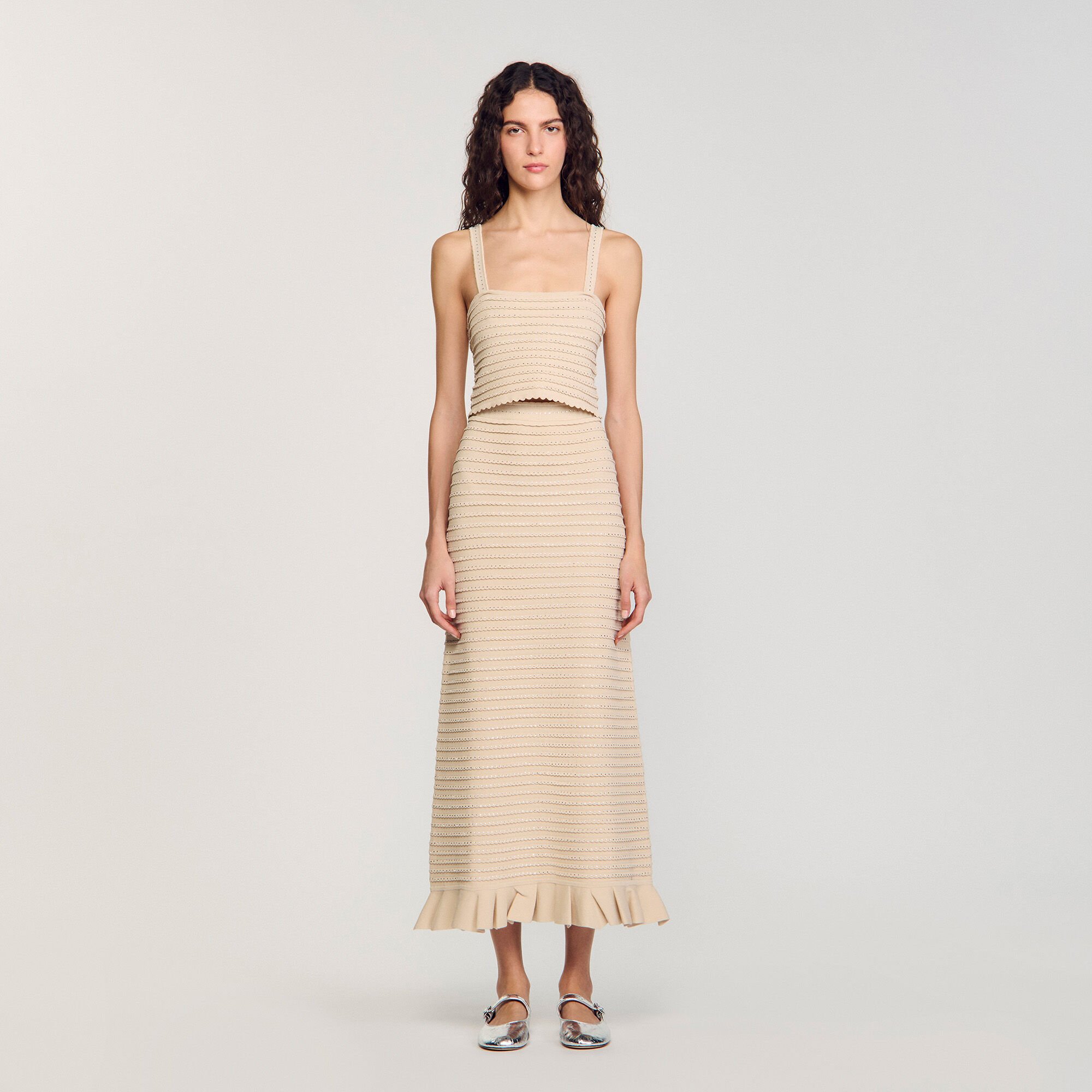 Rhinestone knit crop top white / beige For Women | Sandro Paris