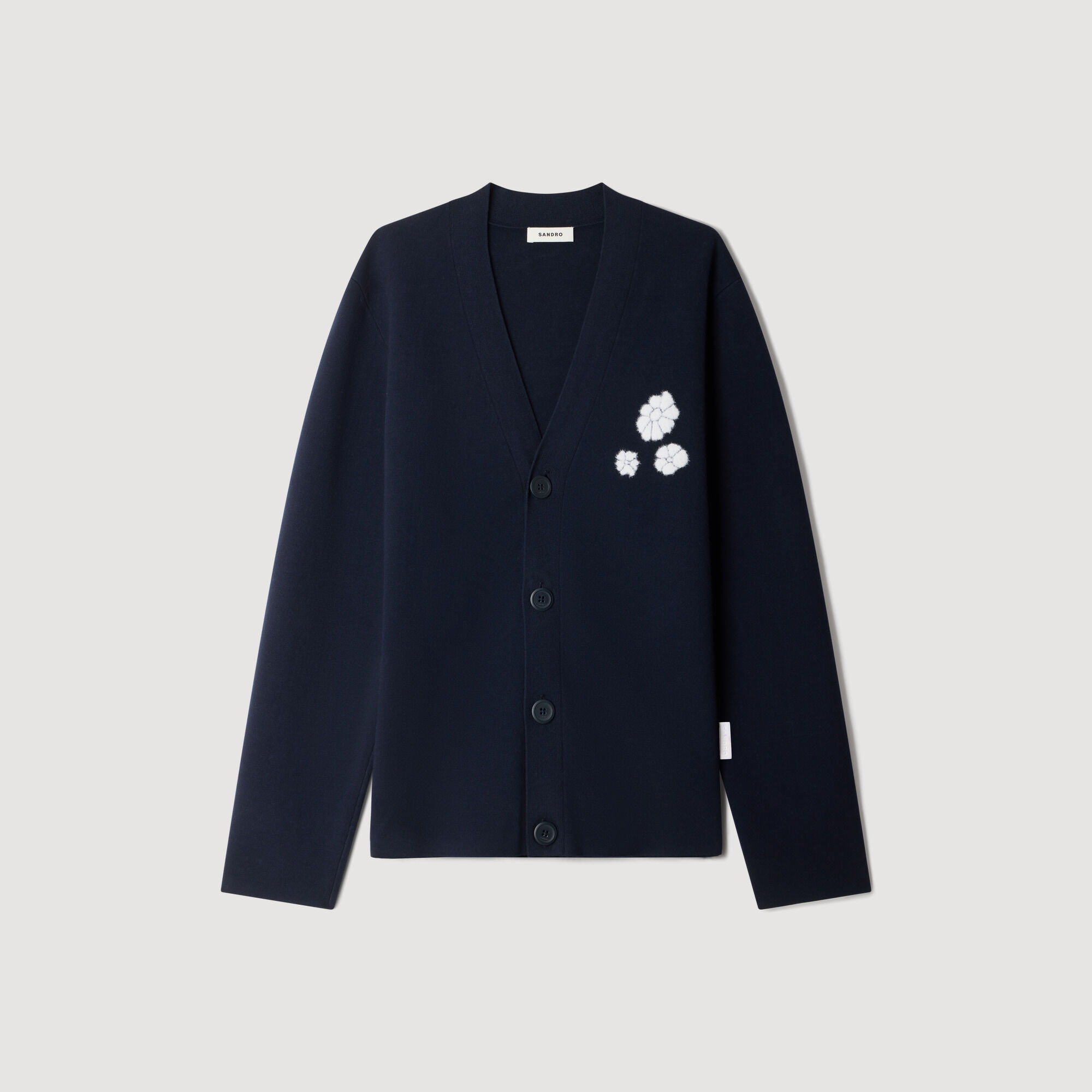 Jacquard flower knit cardigan in Midnight Blue for Men | Sandro Paris