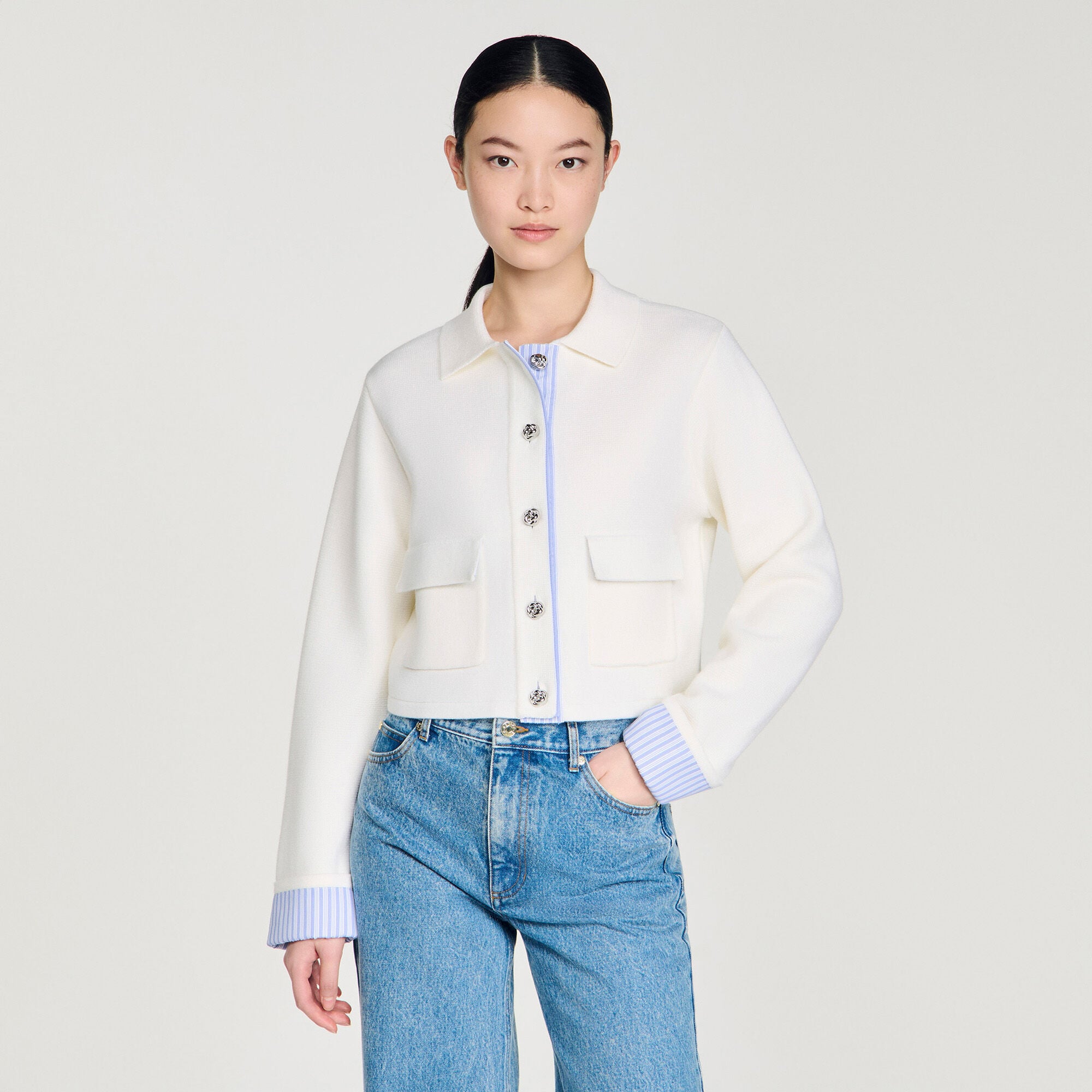 Wool cardigan with a polo collar in Ecru for Women | Sandro Paris
