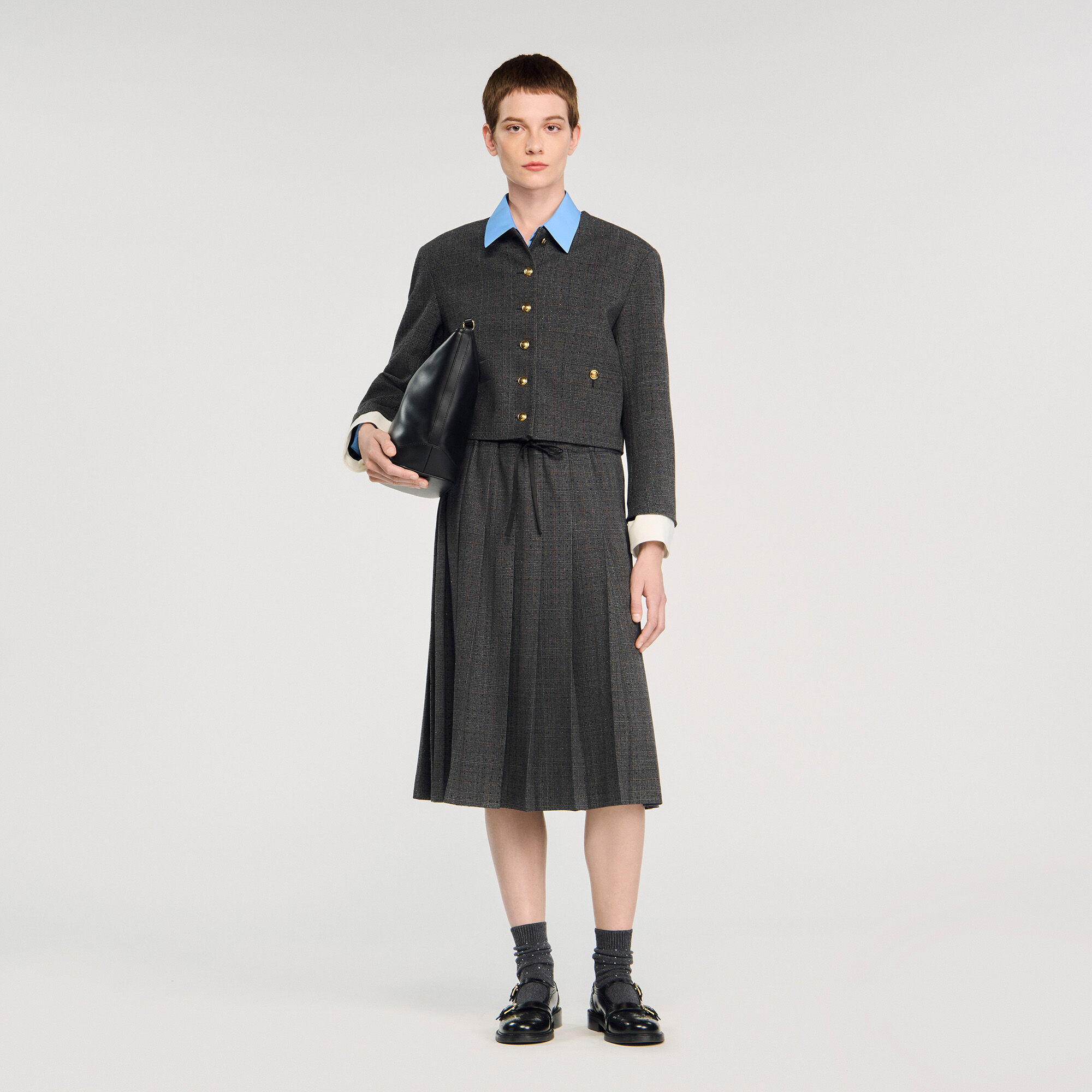 【海外限定】Sandroスカート☆Rhinestone-Embellished Pleated S Midi pleated rhinestone skirt black / gray For Women