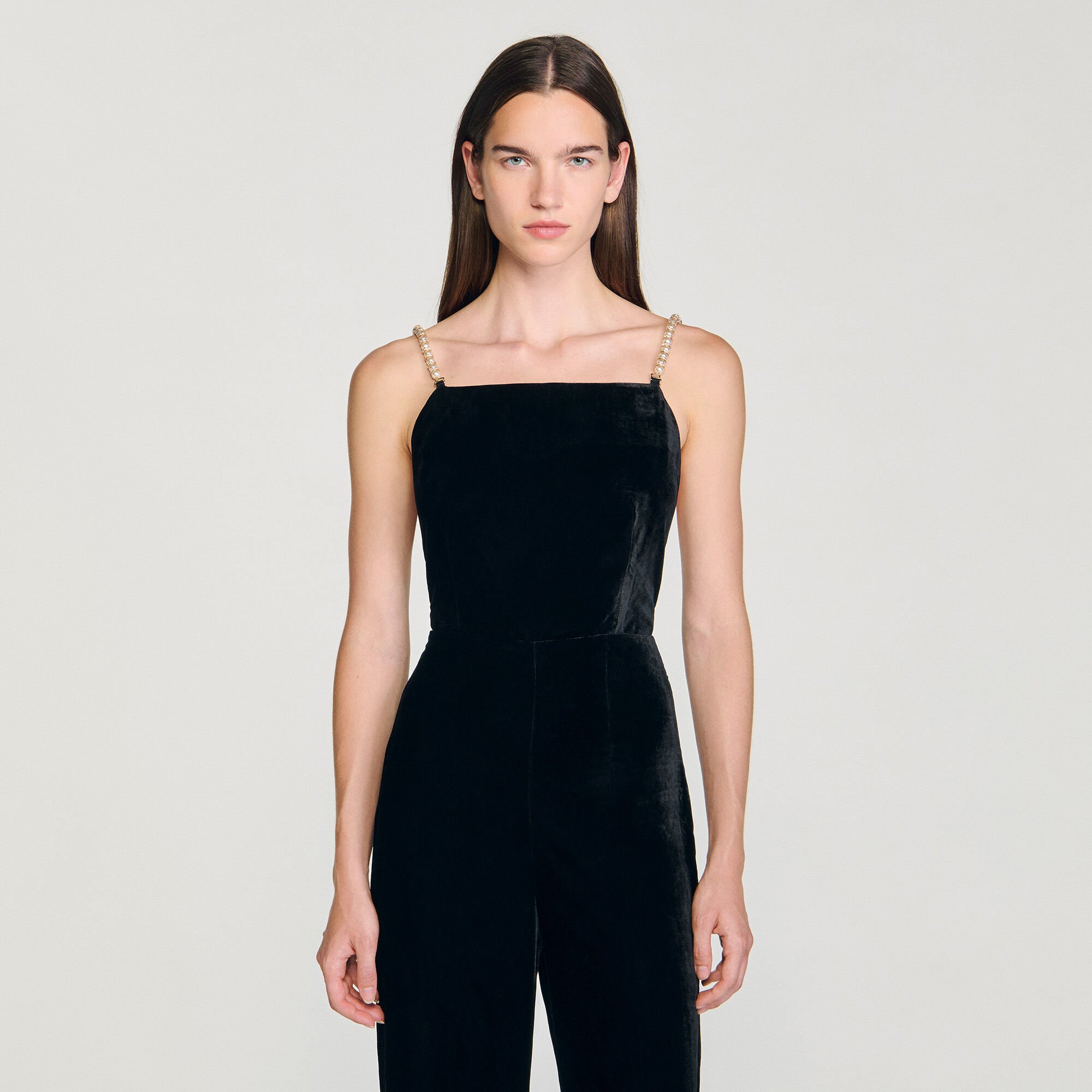 Velvet jumpsuit with removable straps