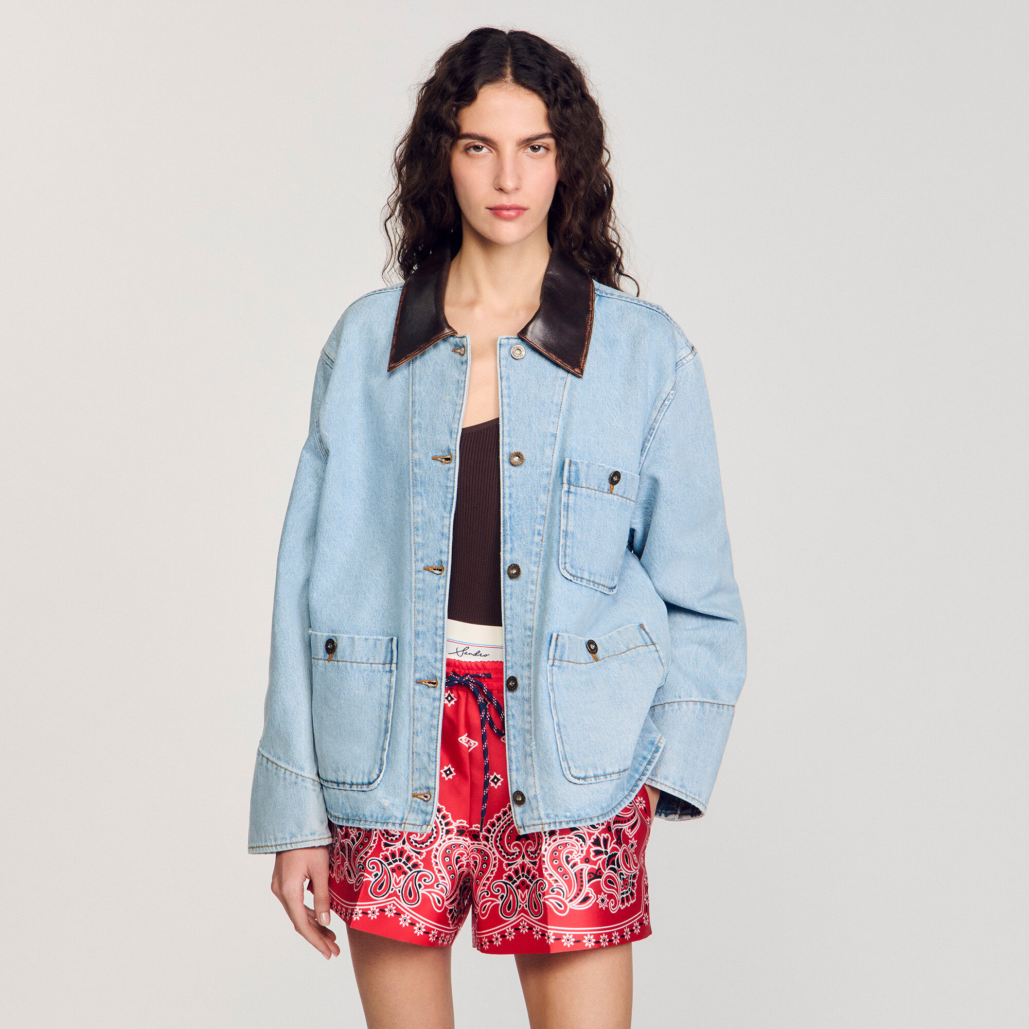 Denim jacket with leather collar For Women | Sandro Paris