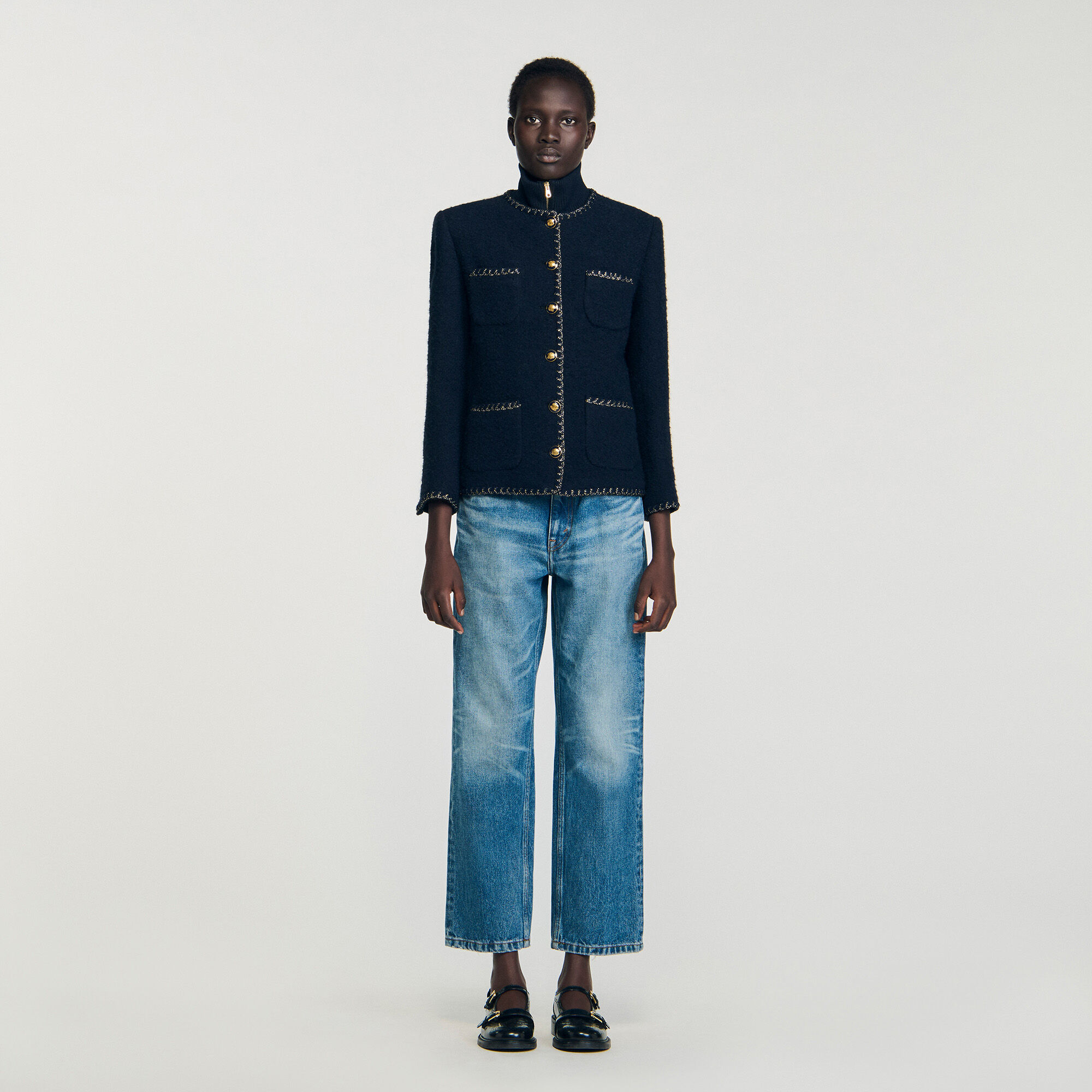 Tweed jacket with removable collar blue For Women | Sandro Paris