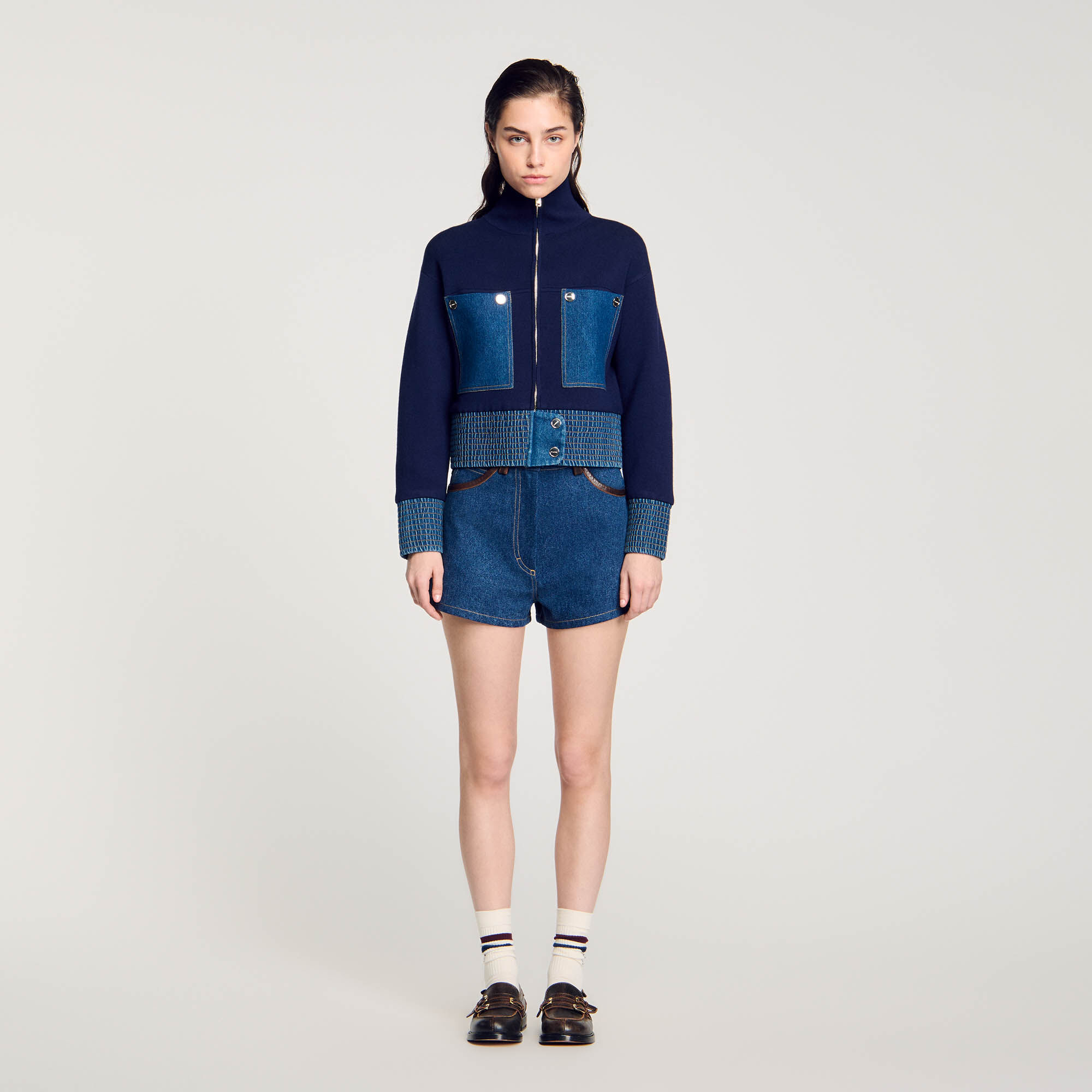 Knit and denim coatigan