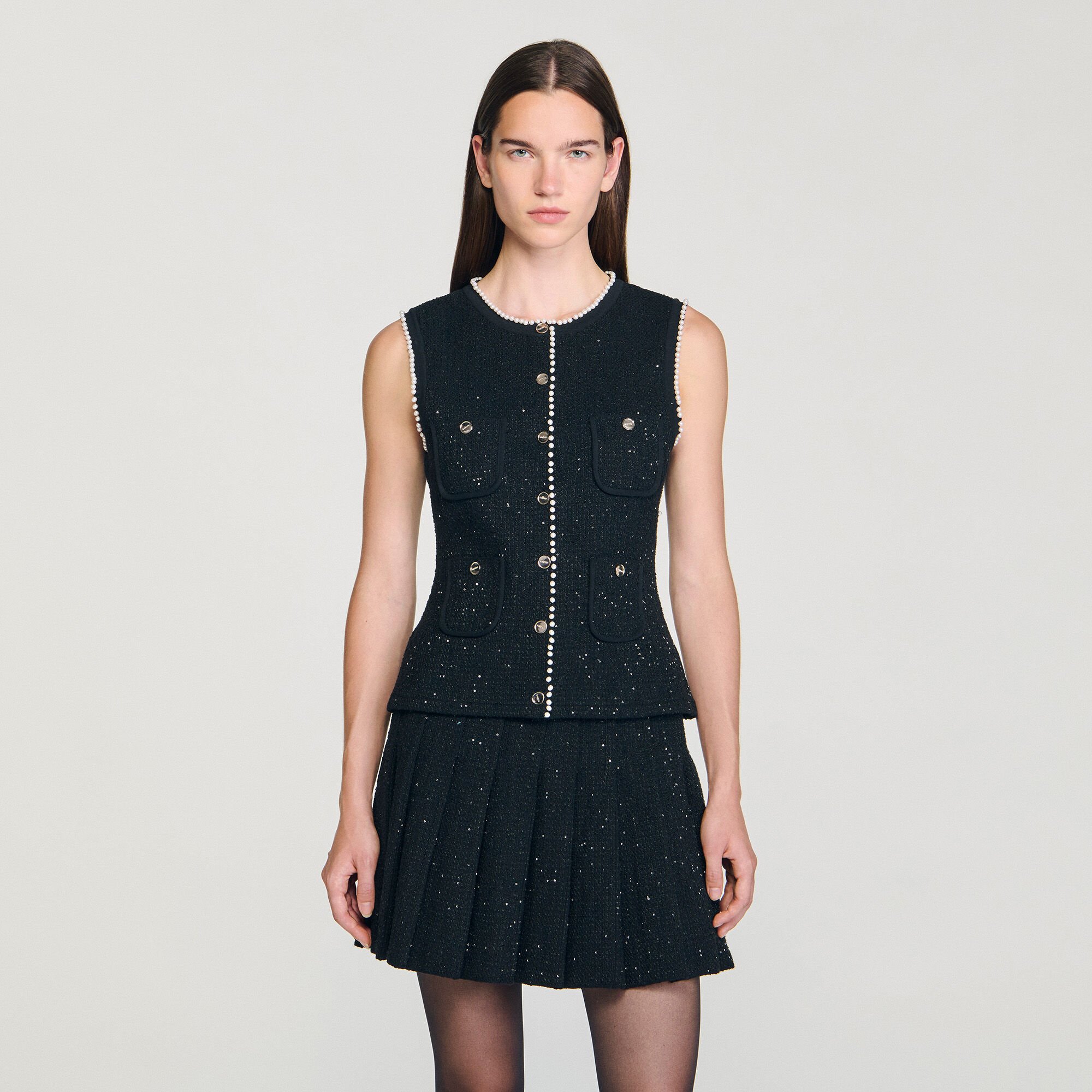 Embellished tweed vest top