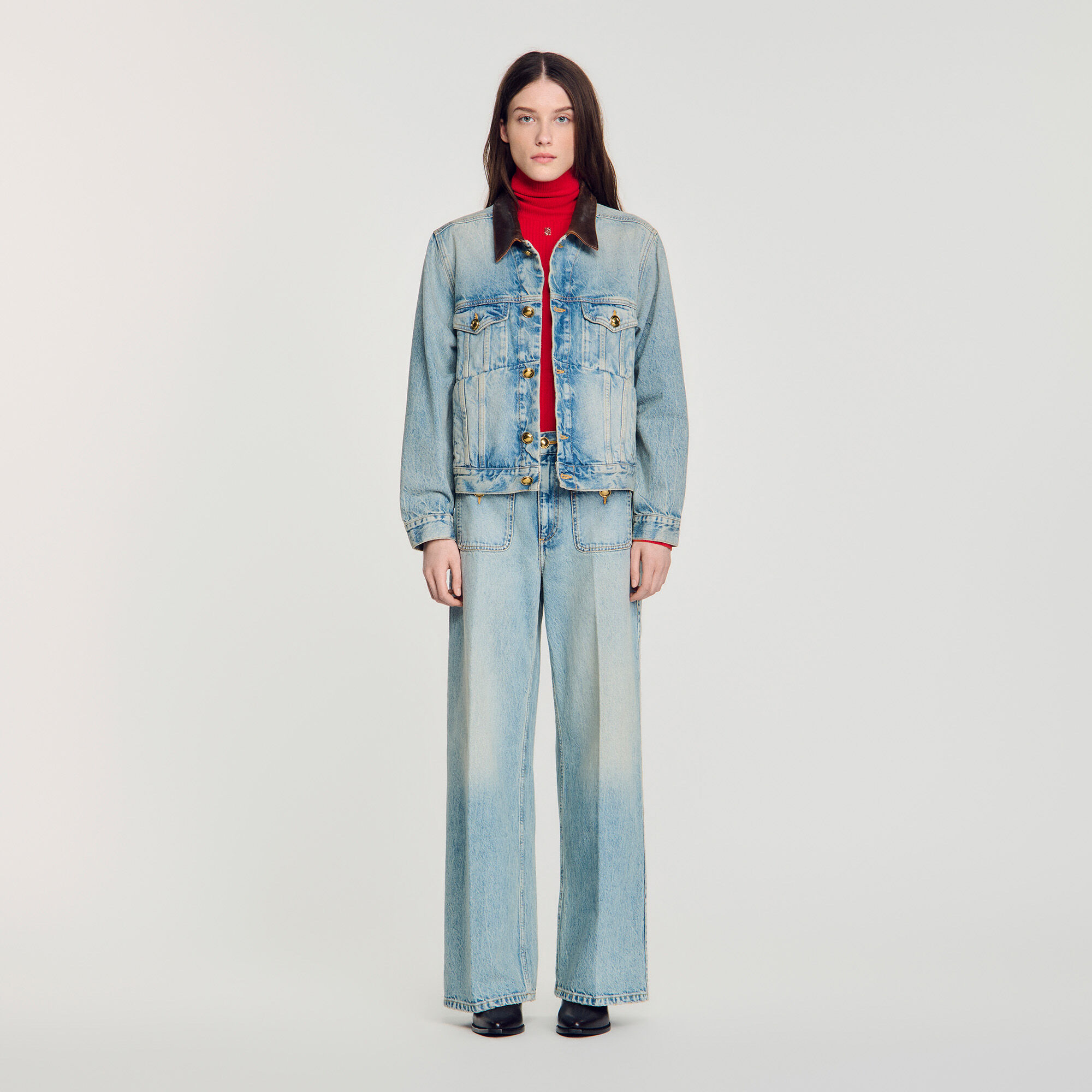 Denim jacket with leather collar in Blue Jean for Women | Sandro Paris