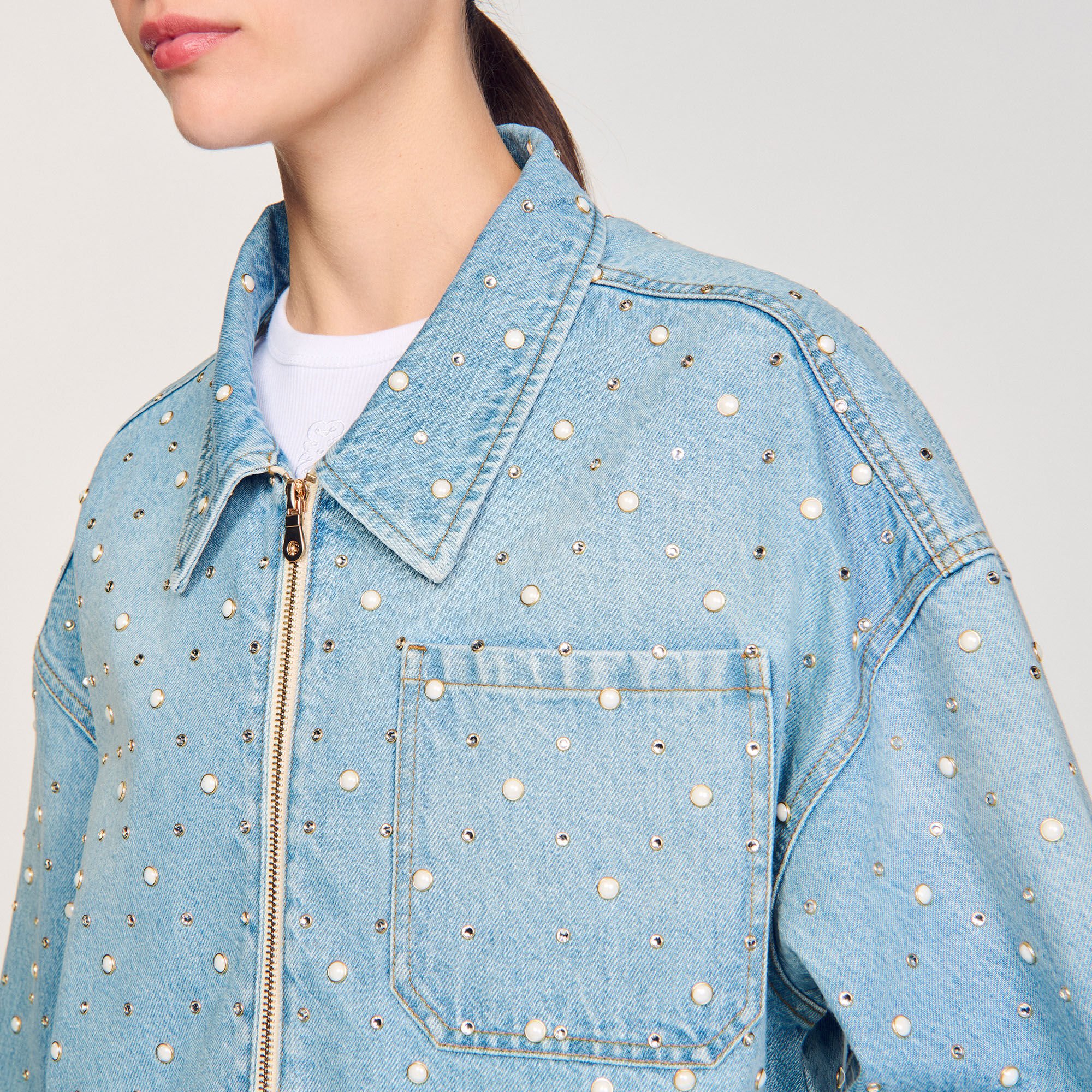 Beaded and rhinestone denim jacket