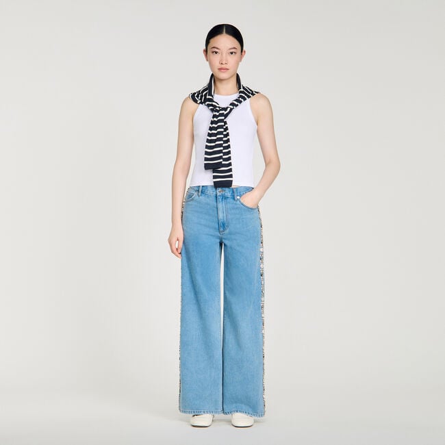 Faded straight-leg rhinestone jeans