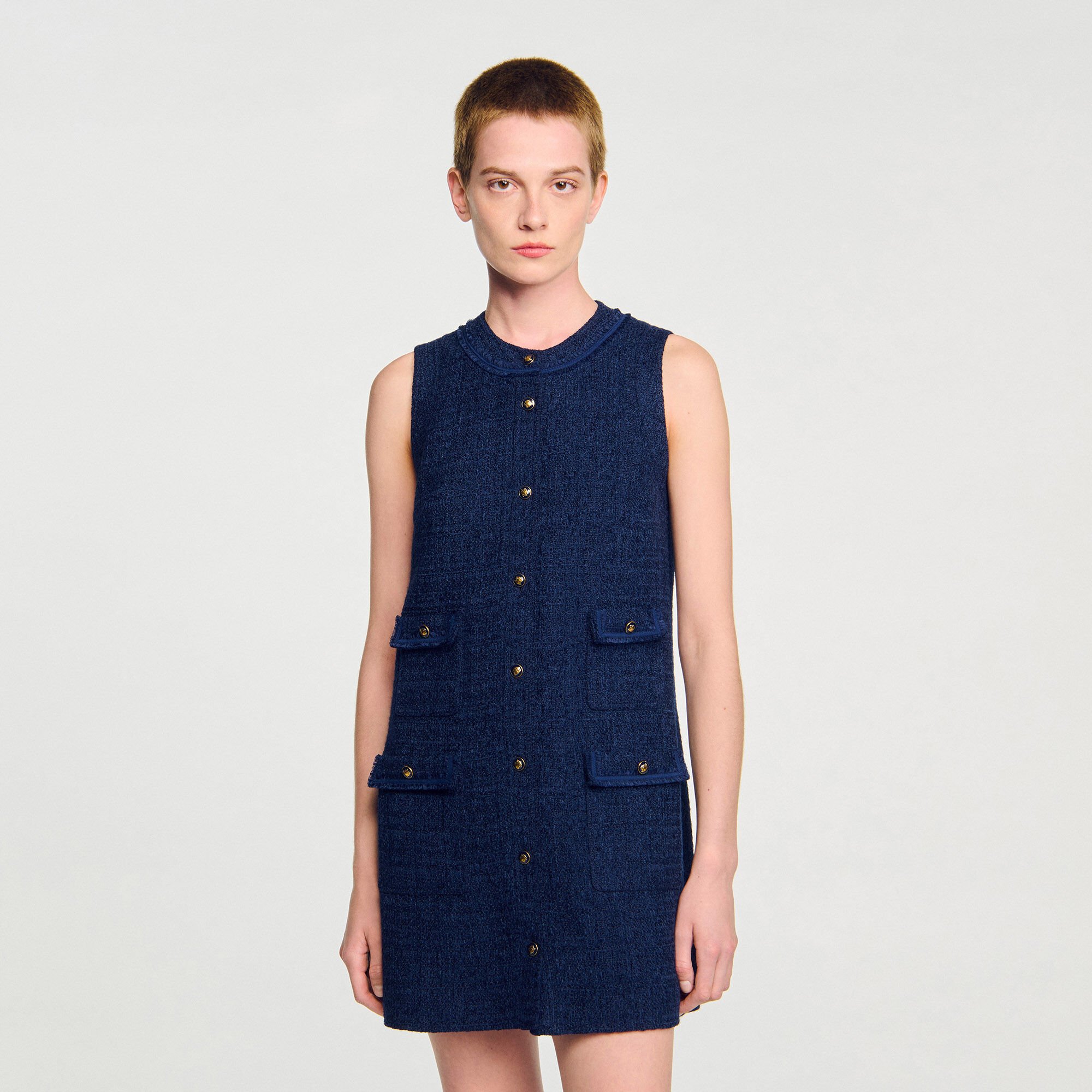 Gold button mini tweed dress