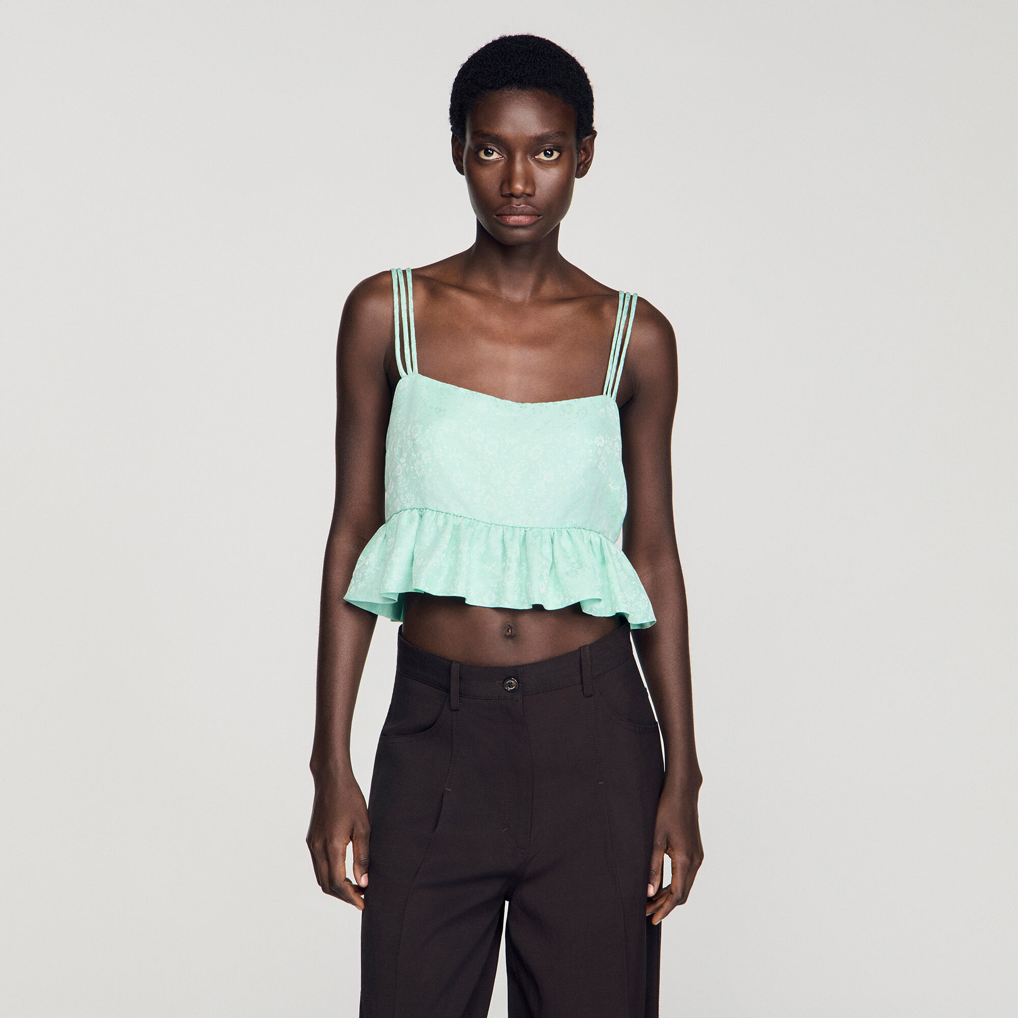 Floral jacquard ruffle crop top green For Women | Sandro Paris