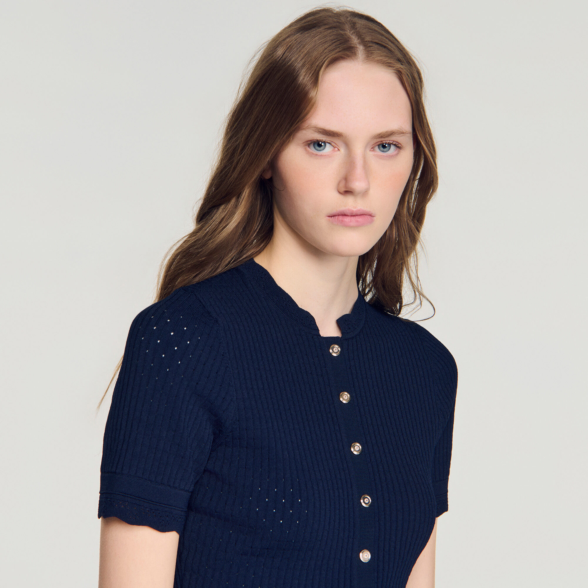 Cropped pointelle knit top in Navy Blue for Women | Sandro Paris
