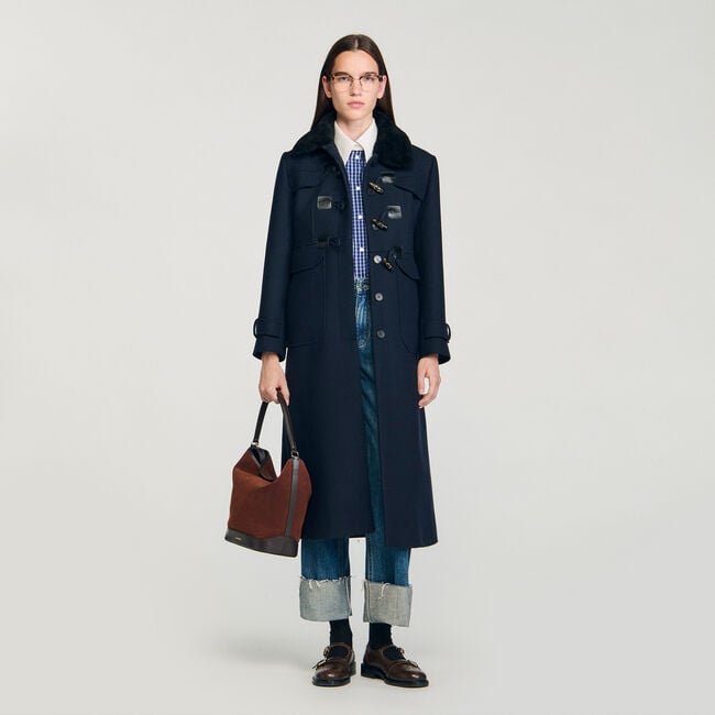 Long coat with removable fur collar