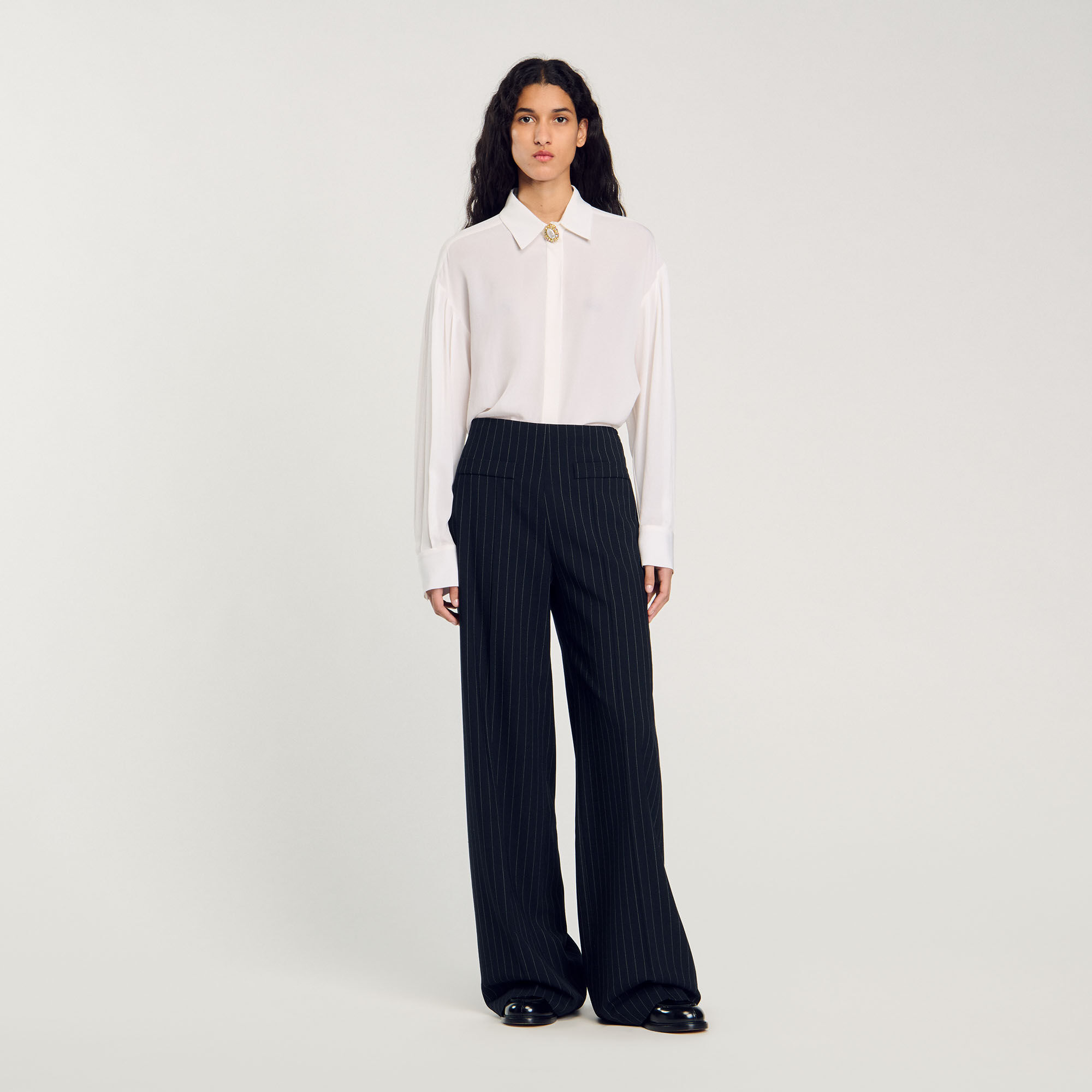 Chalk-striped trousers black / gray For Women | Sandro Paris