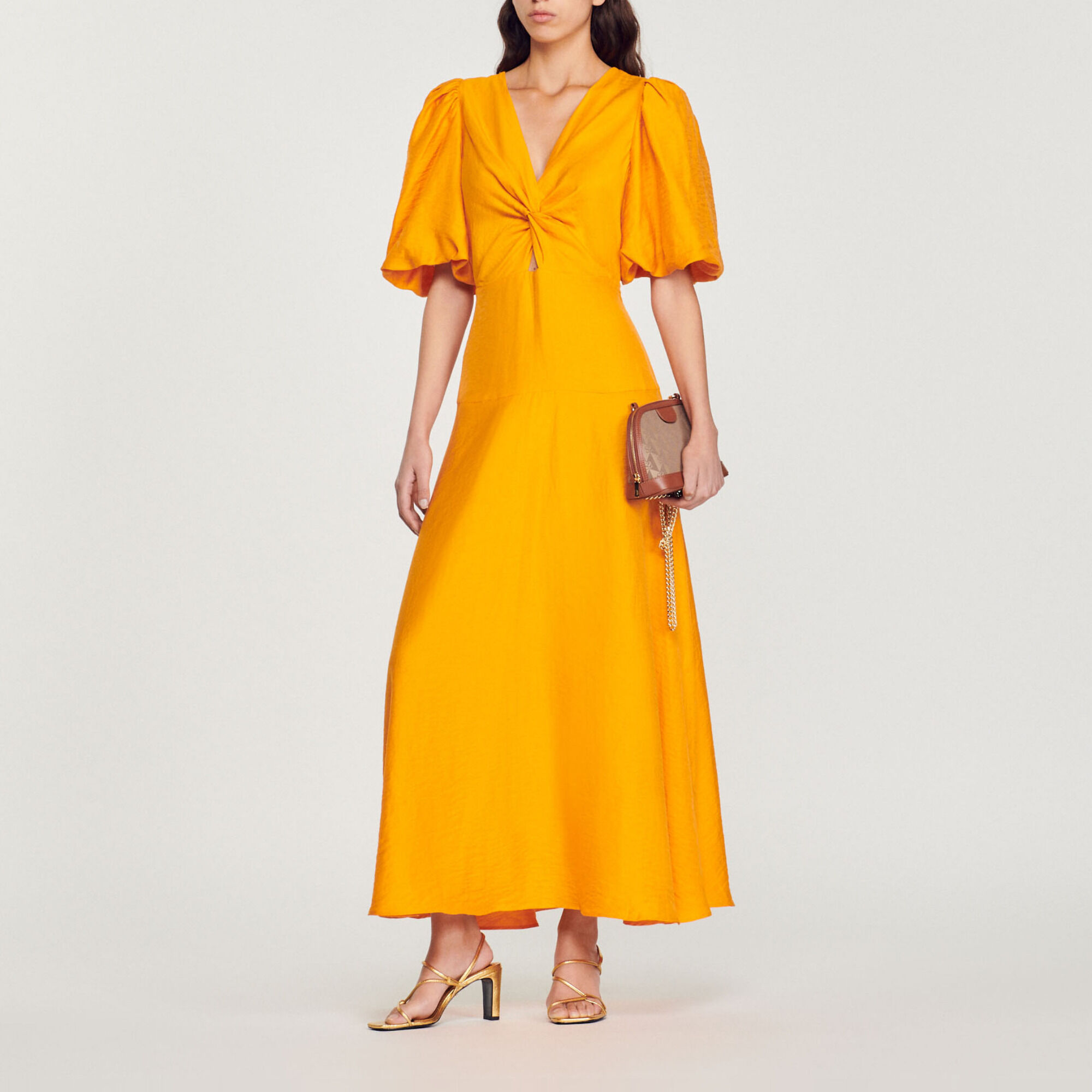 Long dress with short sleeves yellow orange For Women Sandro Paris