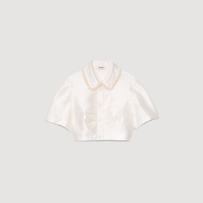 Beaded satin-effect cropped shirt