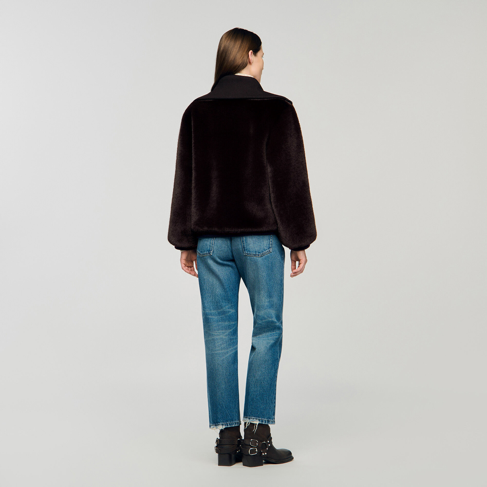 Short faux fur coat brown For Women | Sandro Paris