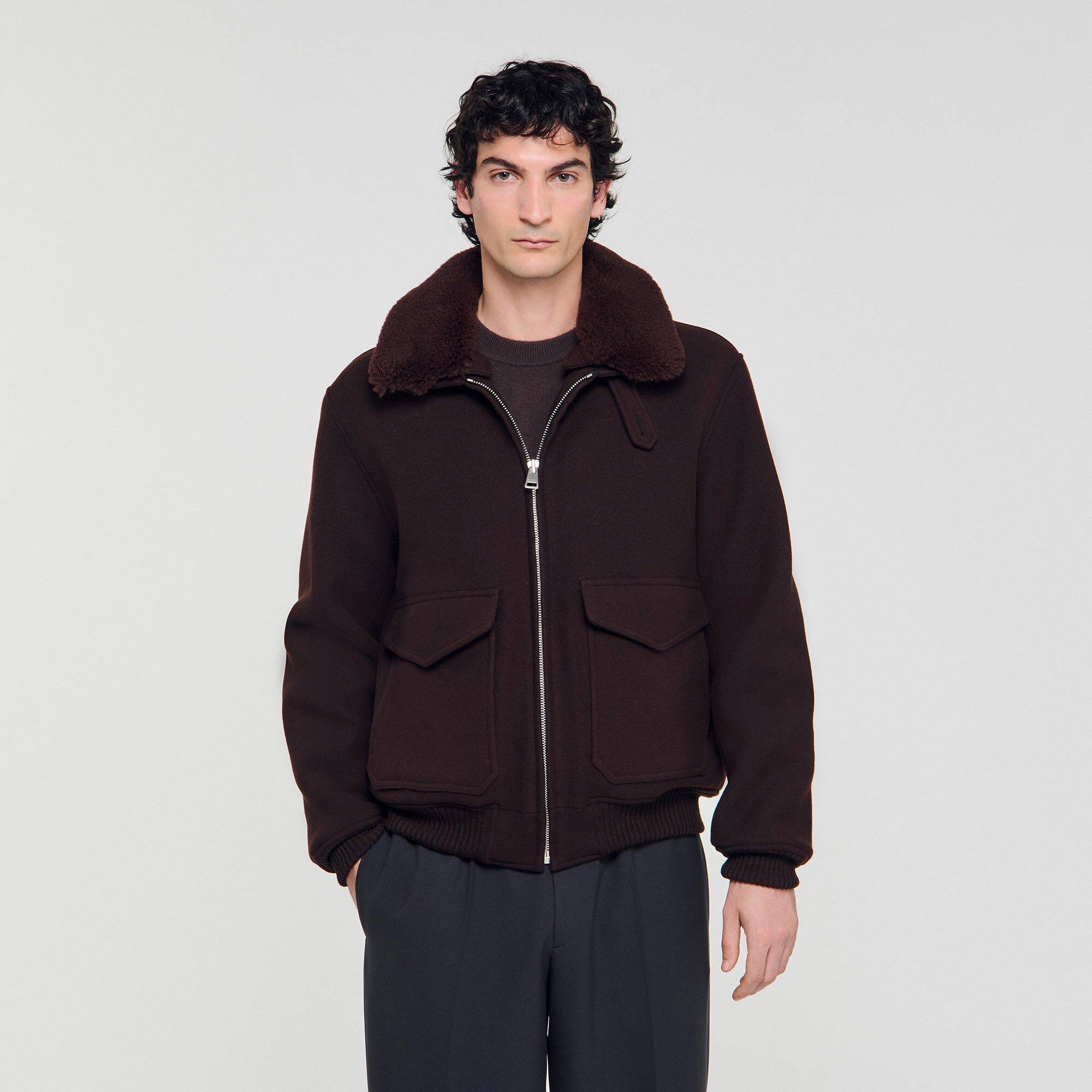 Wool aviator jacket with shearling