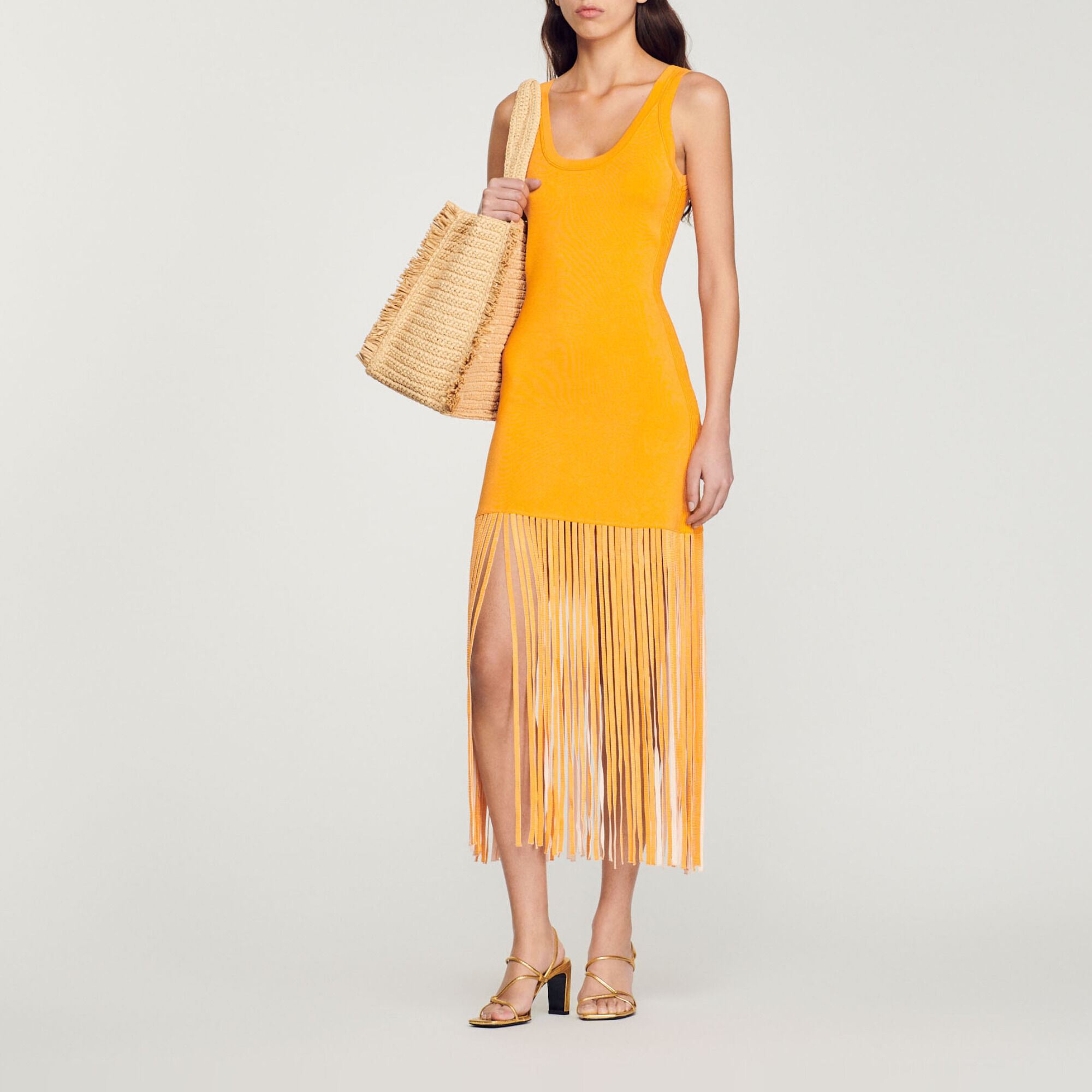 Fringed knit dress yellow orange For Women Sandro Paris
