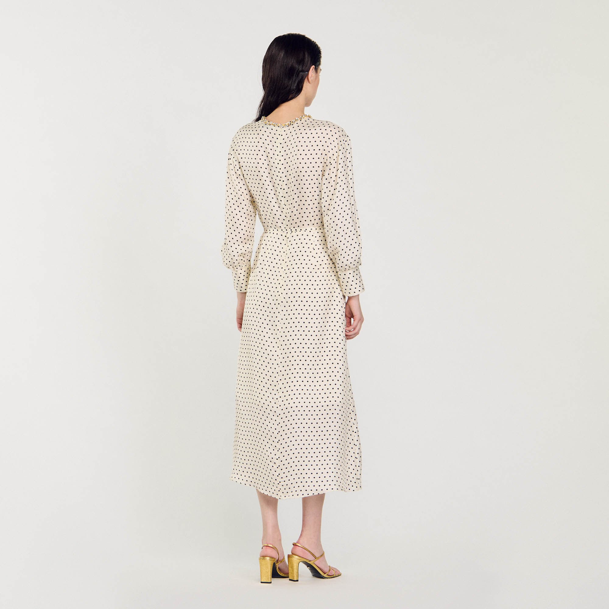 Polka Dot Dress with Jeweled Collar white / beige For Women