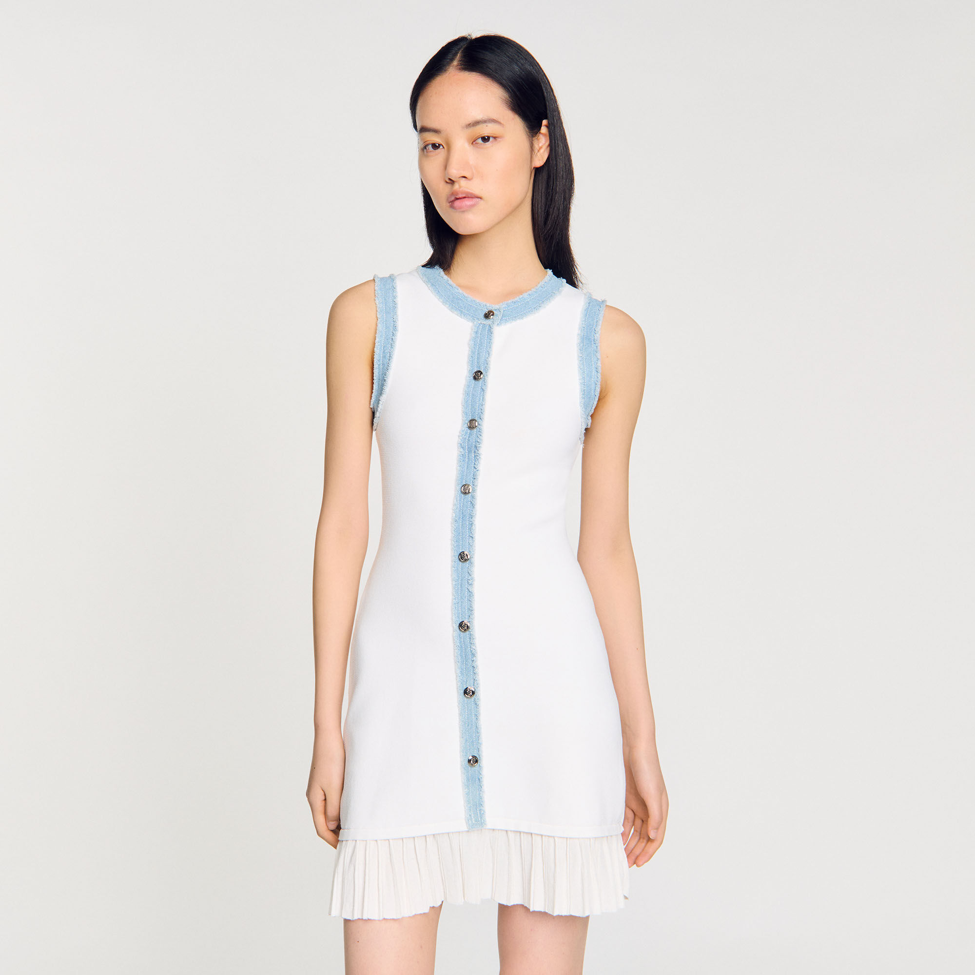 【大人気】SANDRO ストレッチニット ラッフル付きミニワンピース Mini knit dress with ruffles white / beige For Women