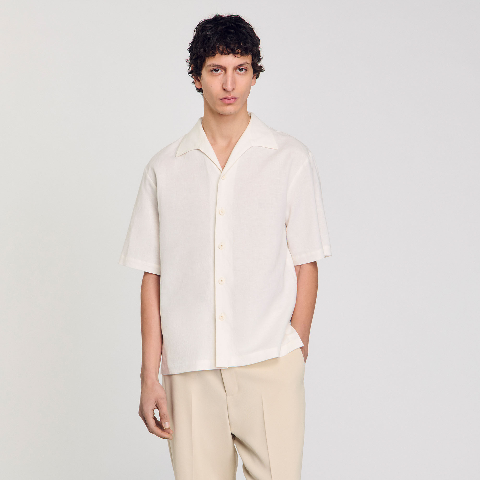 Cotton and linen shirt white / beige for Men | Sandro Paris